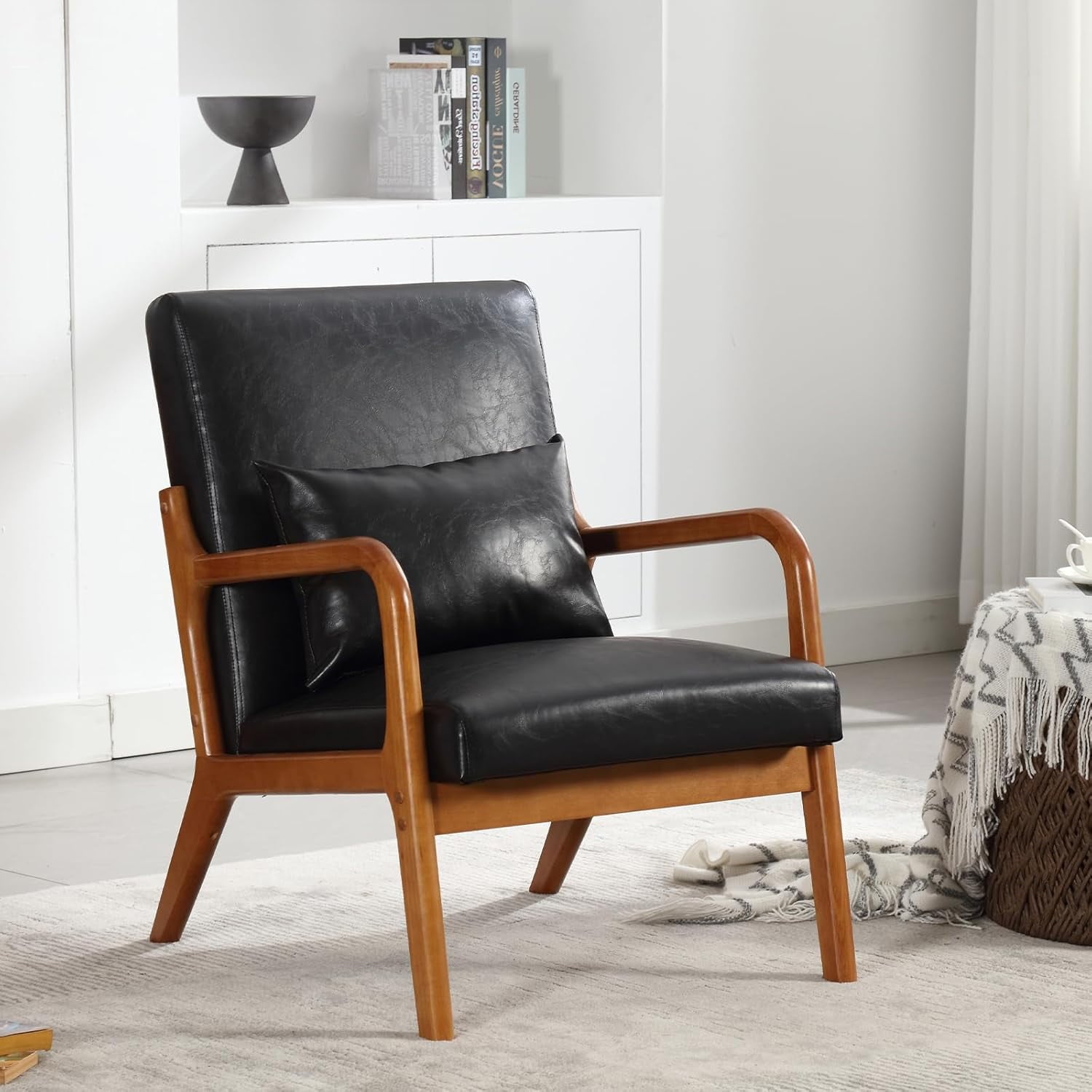 BISHE Mid Century Modern Accent Chair, Solid Wood Frame Lounge Armchair with PU Leather Upholstery & Included Pillow, Comfortable Reading Chair for Living Room or Office, PU Leather, Light Brown