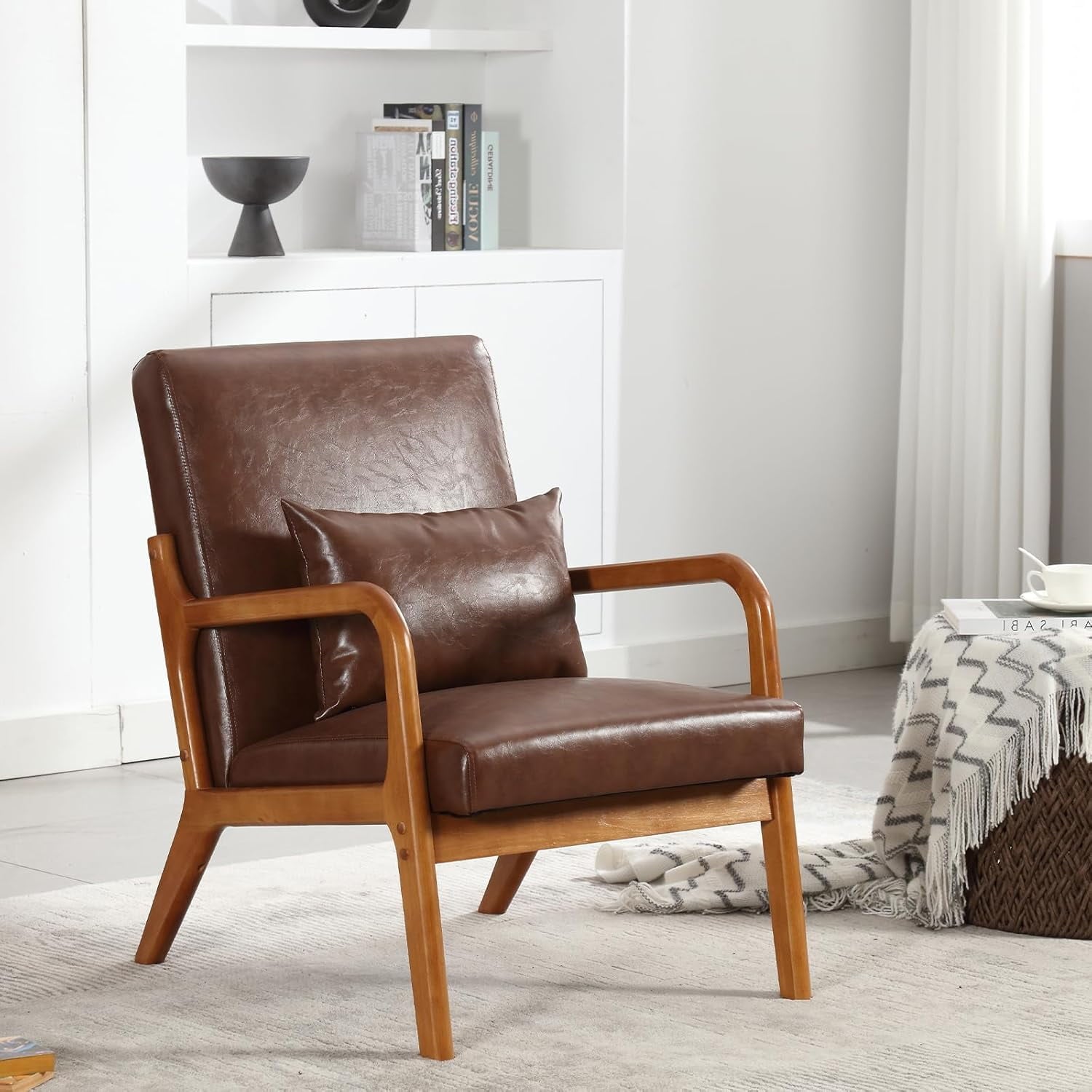 BISHE Mid Century Modern Accent Chair, Solid Wood Frame Lounge Armchair with PU Leather Upholstery & Included Pillow, Comfortable Reading Chair for Living Room or Office, PU Leather, Light Brown