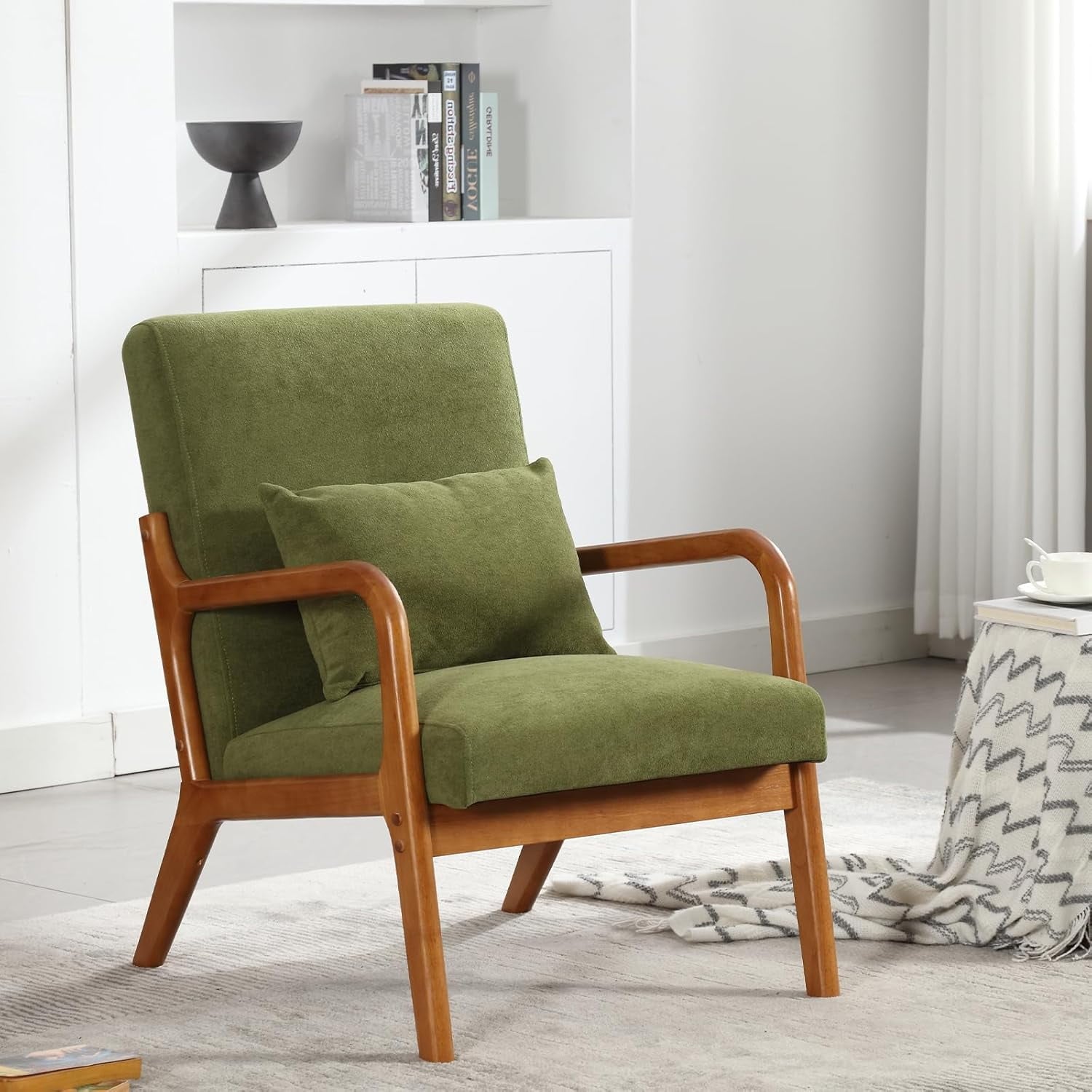 BISHE Mid Century Modern Accent Chair, Solid Wood Frame Lounge Armchair with PU Leather Upholstery & Included Pillow, Comfortable Reading Chair for Living Room or Office, PU Leather, Light Brown