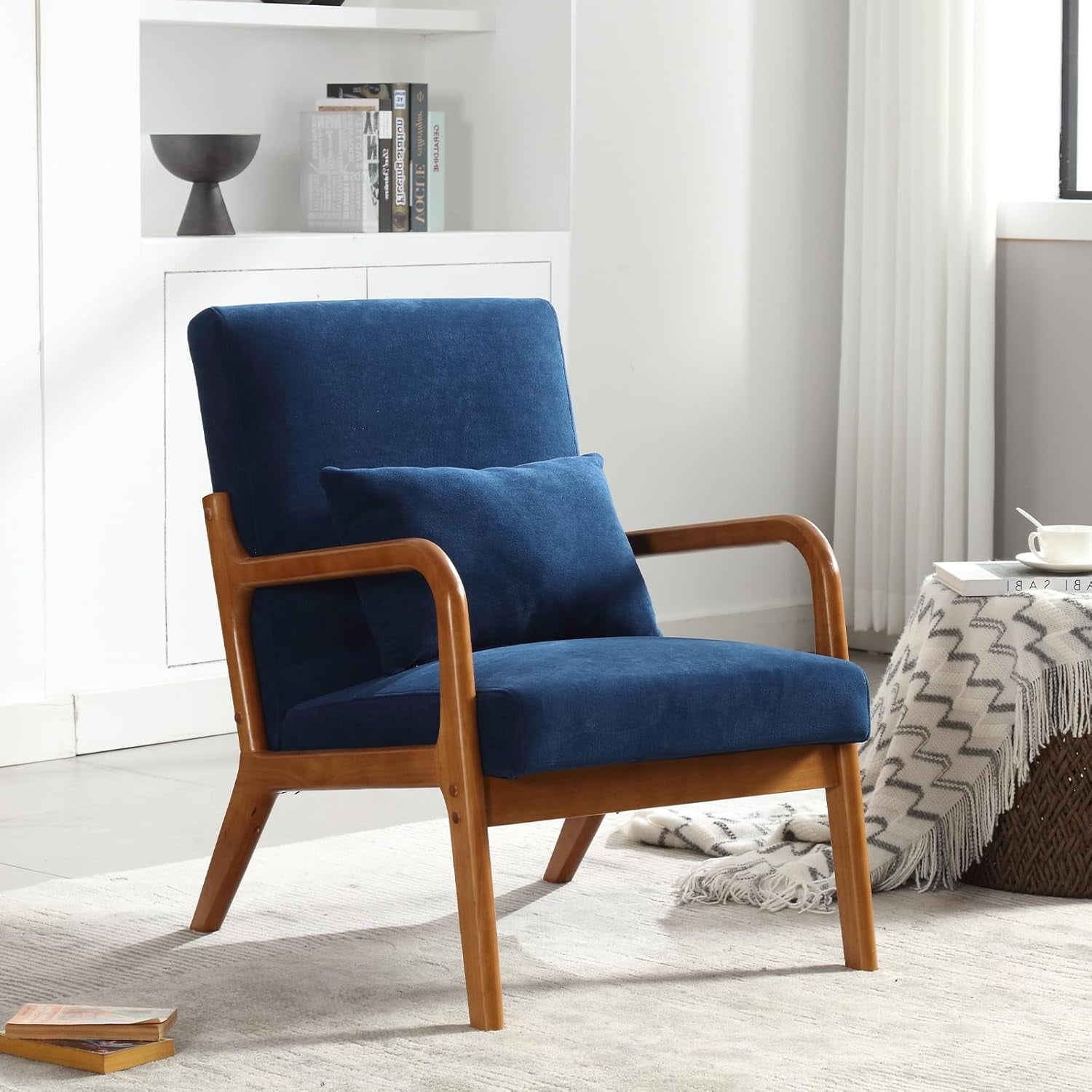 BISHE Mid Century Modern Accent Chair, Solid Wood Frame Lounge Armchair with PU Leather Upholstery & Included Pillow, Comfortable Reading Chair for Living Room or Office, PU Leather, Light Brown