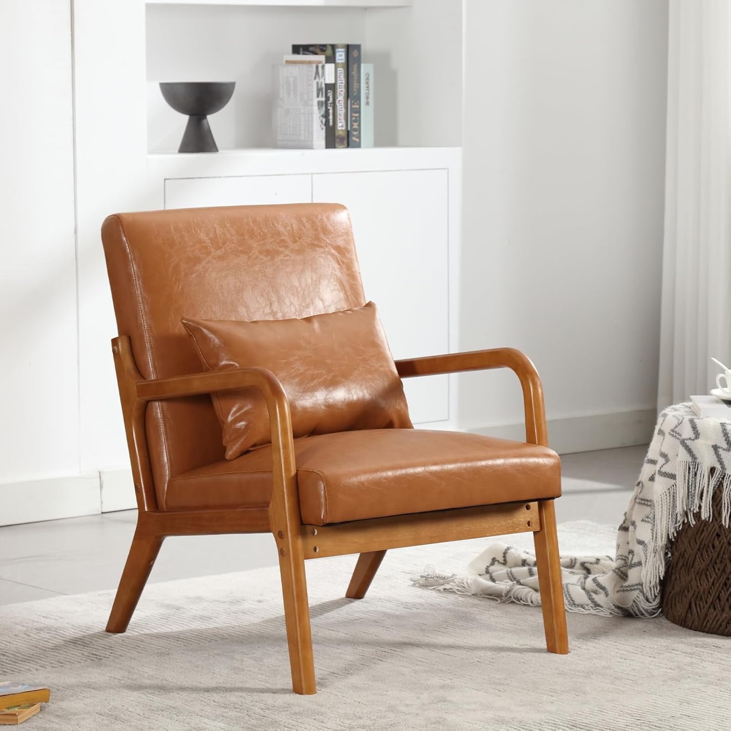 BISHE Mid Century Modern Accent Chair, Solid Wood Frame Lounge Armchair with PU Leather Upholstery & Included Pillow, Comfortable Reading Chair for Living Room or Office, PU Leather, Light Brown