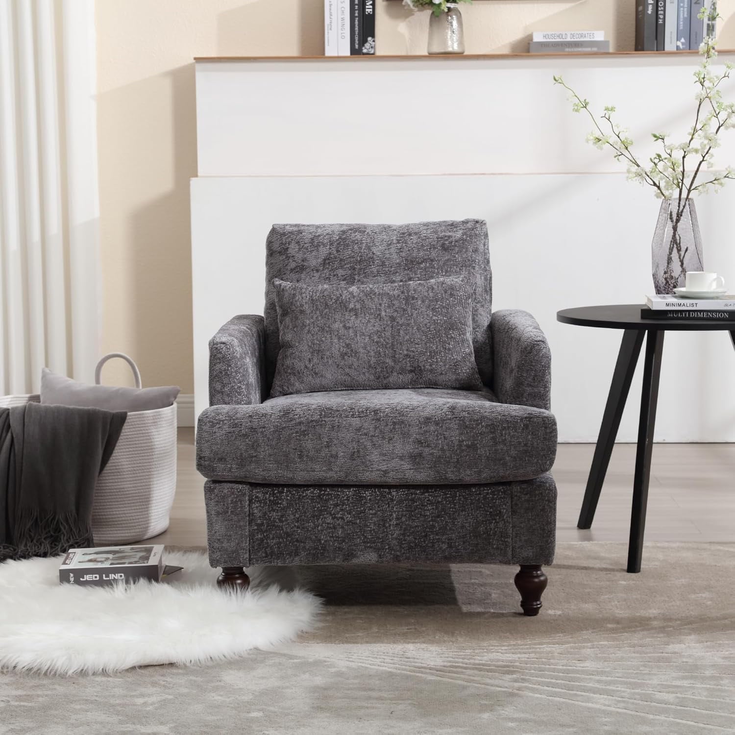 BISHE Mid Century Modern Armchair, Solid Wood Frame Accent Chair with Tufted Chenille Upholstery & Studded Details, Comfortable Lounge Chair for Living Room, Bedroom or Reading Nook, Beige