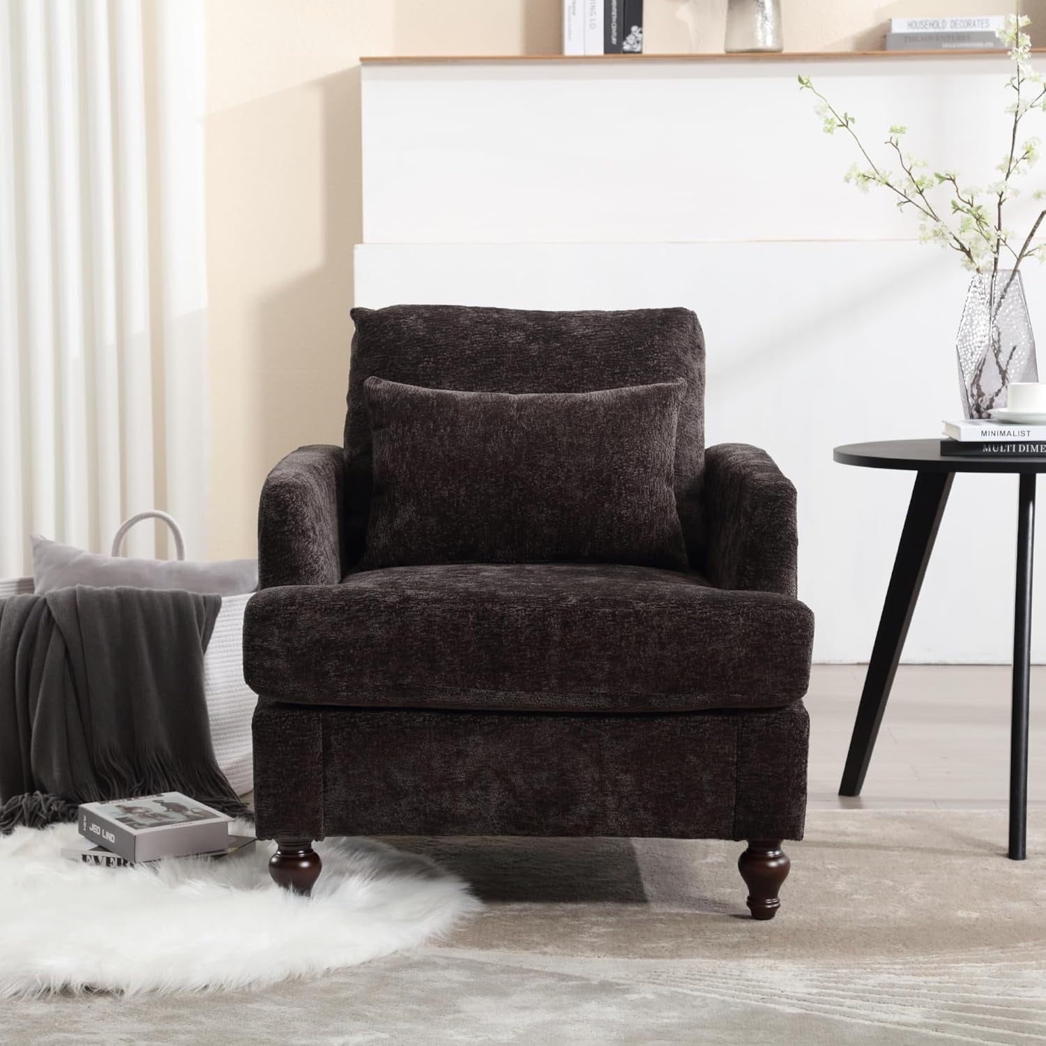 BISHE Mid Century Modern Armchair, Solid Wood Frame Accent Chair with Tufted Chenille Upholstery & Studded Details, Comfortable Lounge Chair for Living Room, Bedroom or Reading Nook, Beige