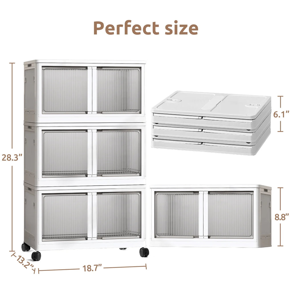COOKCOK Storage Bins with Lids, Foldable Plastic Storage Container with Door, 3 Pack Stackable Collapsible Storage Bins for Closet Organizers and Storage, Secure Lock, 20.2"x 14.2"x 35.4"