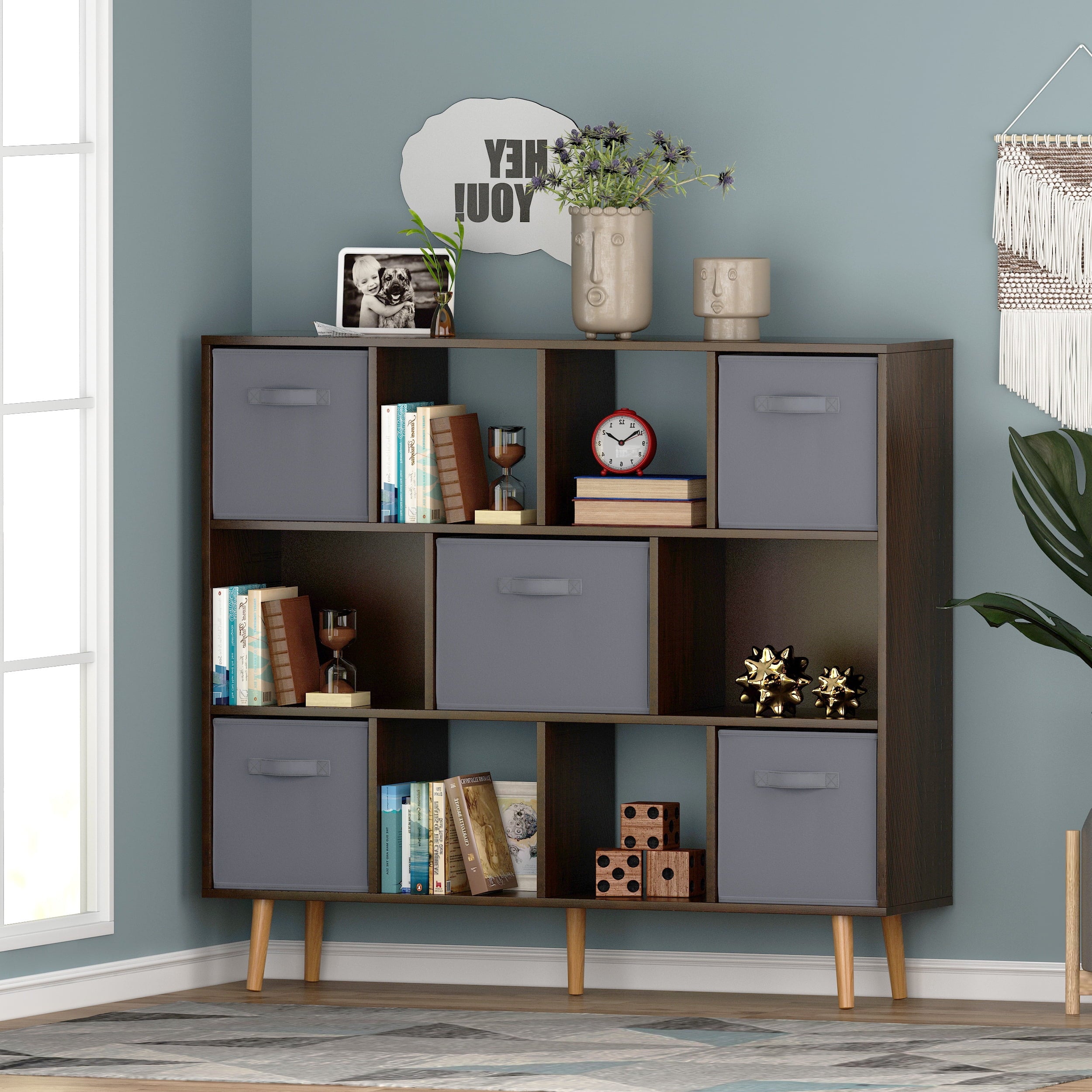 COOKCOK 11-Cube Storage Organizer, Bookshelf with Storage Bins, 4 Tier Freestanding Open Bookshelf with 5 Nonwoven Fabric Drawers,Brown