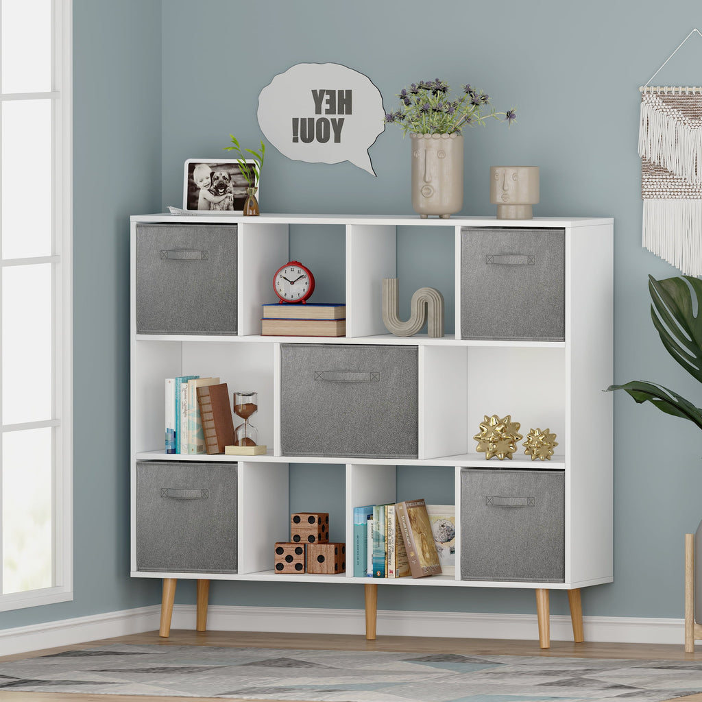 COOKCOK 11-Cube Storage Organizer, Bookshelf with Storage Bins, 4 Tier Freestanding Open Bookshelf with 5 Nonwoven Fabric Drawers,White