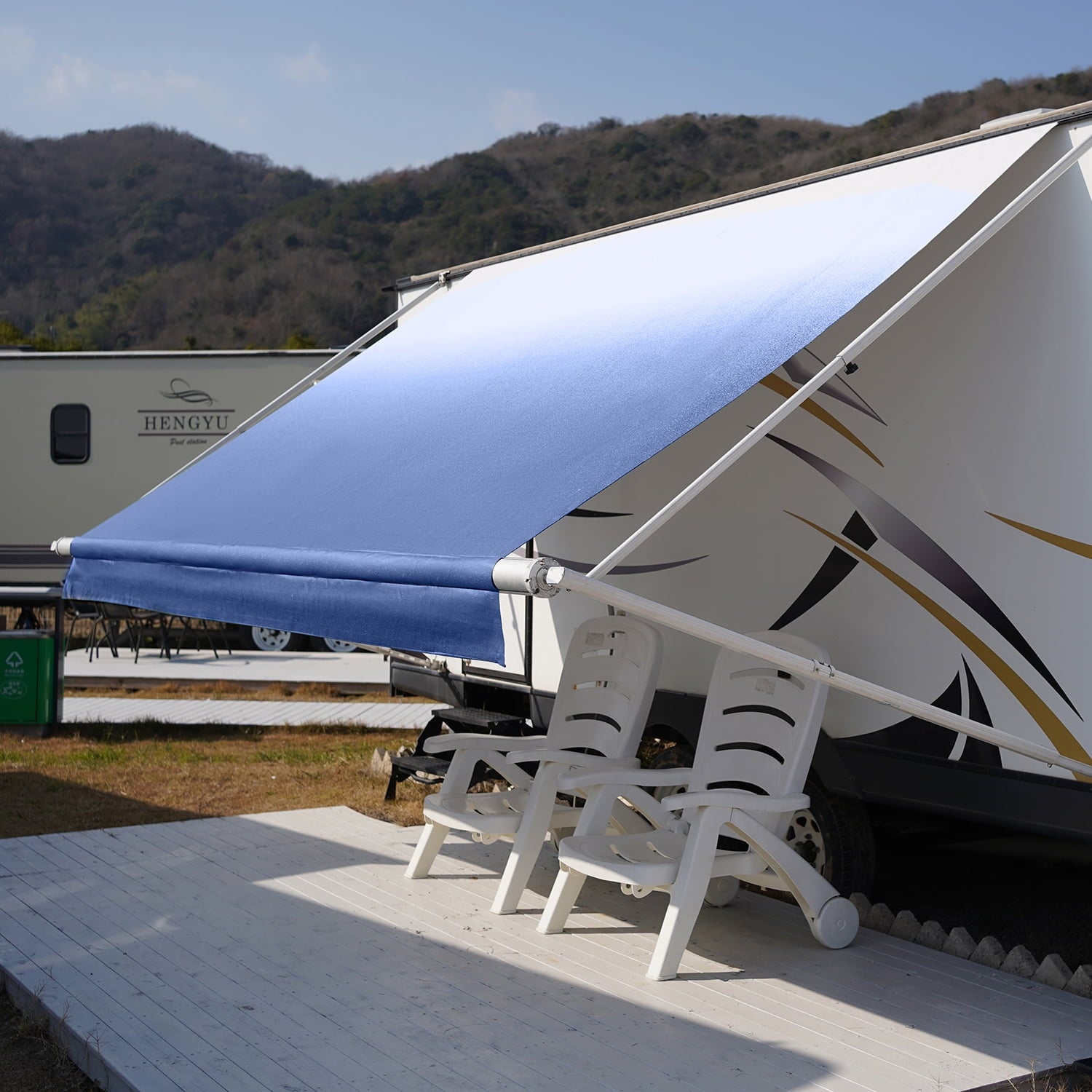 COOKCOK 16.2ft Rv Awning Fabric Replacement, Durable Heavy Duty Weatherproof Anti-Fading Awning Fabric with Pull Strap Fit for 17ft Awning, Outdoor Canopy for Camper, Trailer, Motorhome, Blue