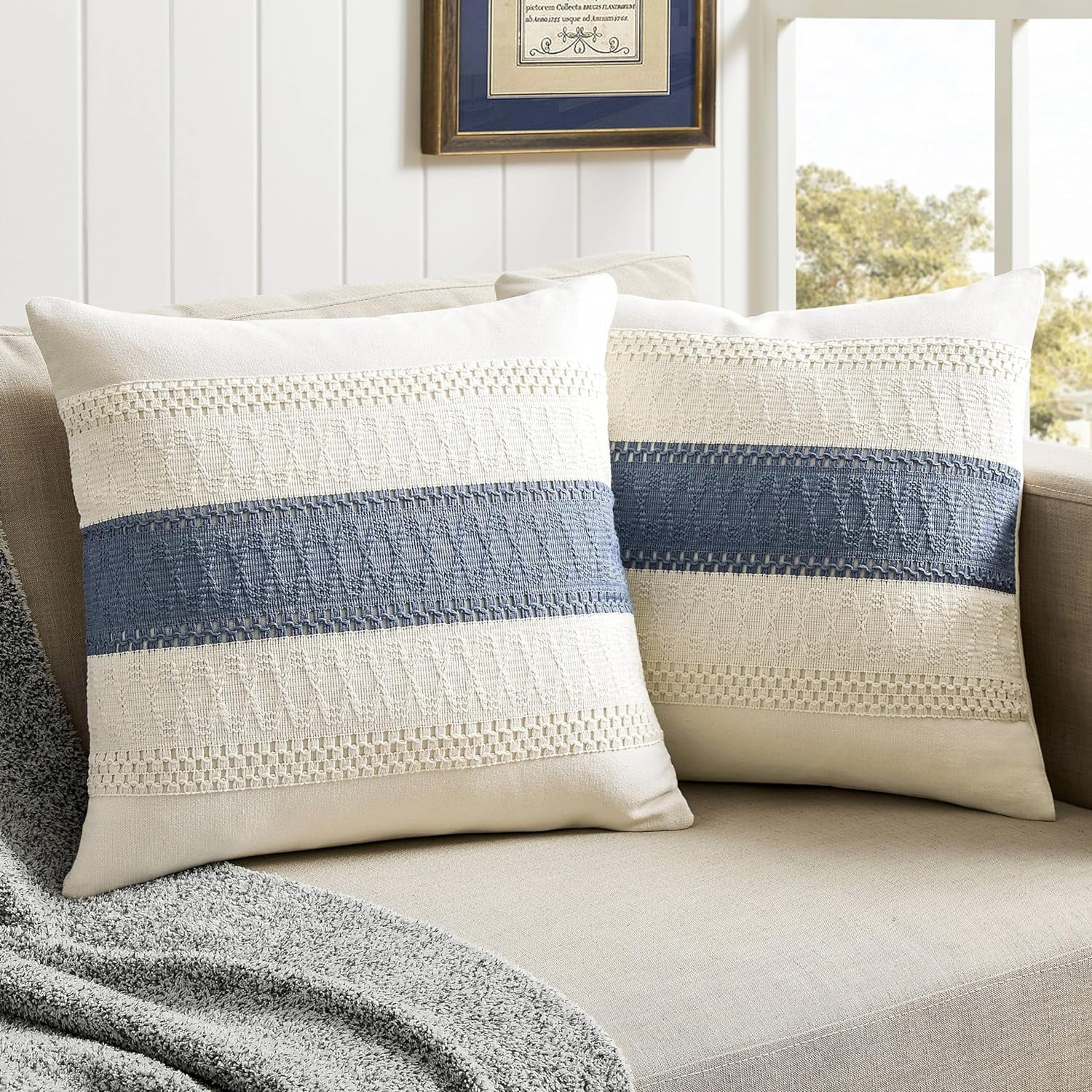 COOKCOK 2 Packs Cotton Boho Christmas Pillow Covers 18x18 Inch Contrast Beige, Soft Farmhouse Decorative Couch Pillow Cases Beige Cushion Covers for Sofa Bed Living Room Home Decor