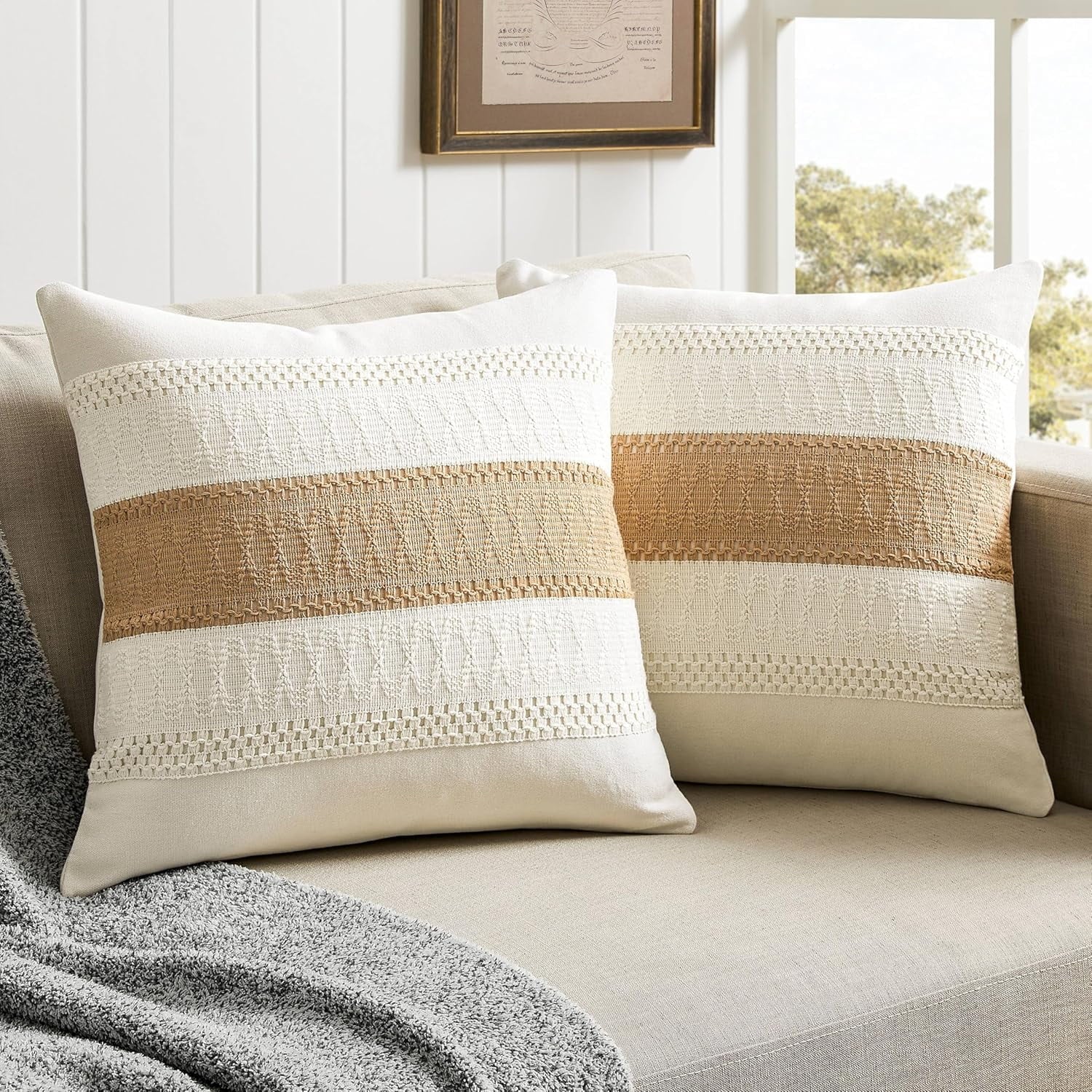 COOKCOK 2 Packs Cotton Boho Christmas Pillow Covers 18x18 Inch Contrast Beige, Soft Farmhouse Decorative Couch Pillow Cases Beige Cushion Covers for Sofa Bed Living Room Home Decor