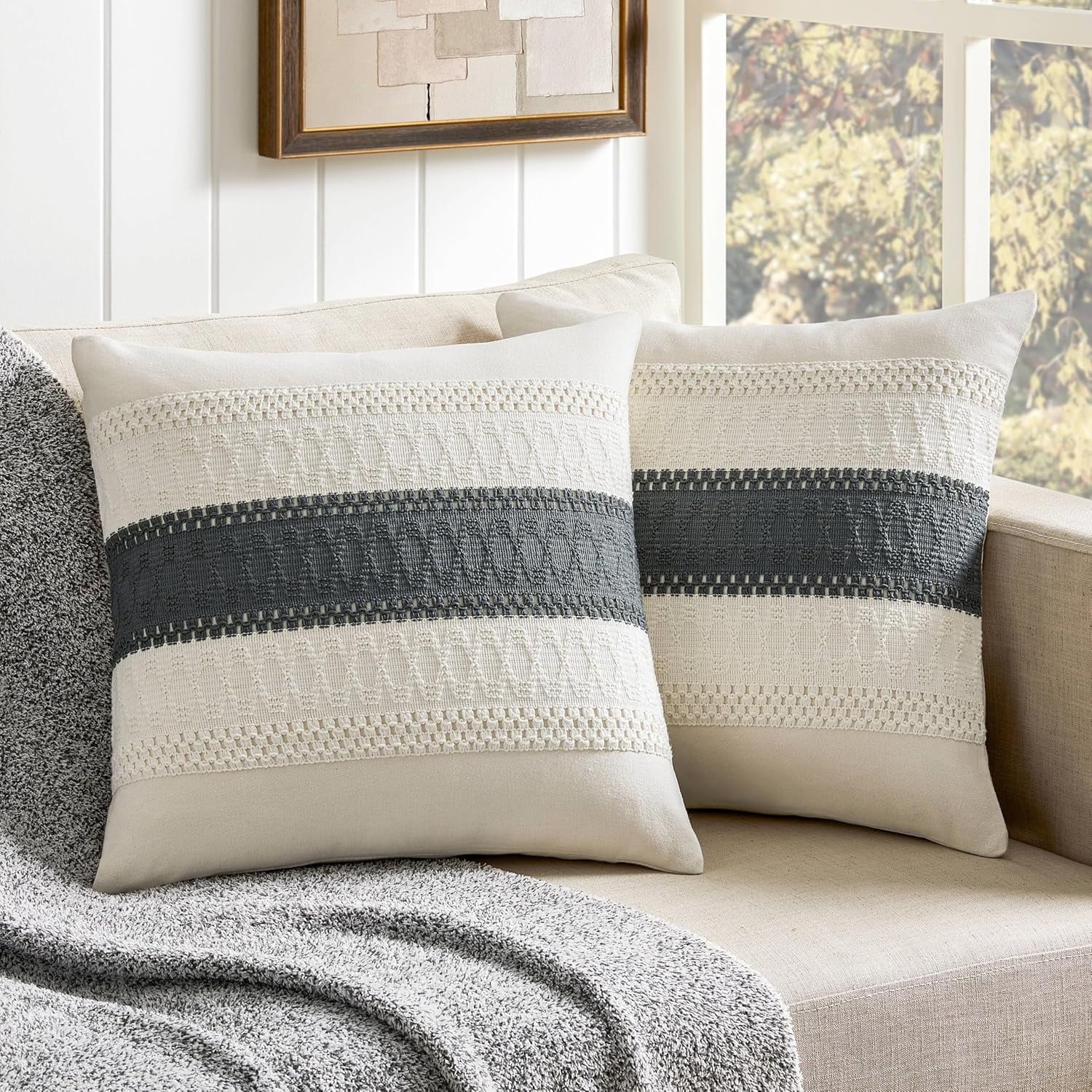 COOKCOK 2 Packs Cotton Boho Christmas Pillow Covers 18x18 Inch Contrast Beige, Soft Farmhouse Decorative Couch Pillow Cases Beige Cushion Covers for Sofa Bed Living Room Home Decor
