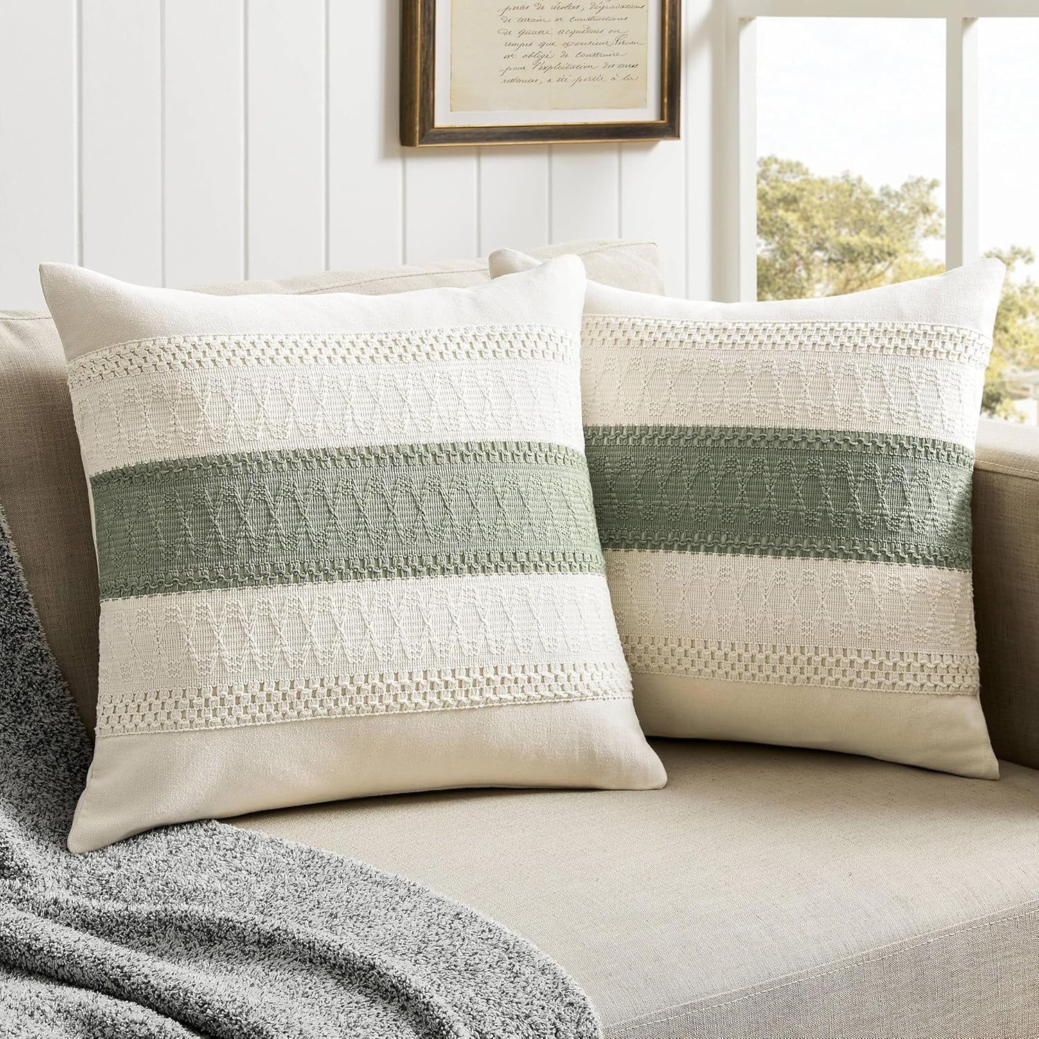 COOKCOK 2 Packs Cotton Boho Christmas Pillow Covers 18x18 Inch Contrast Beige, Soft Farmhouse Decorative Couch Pillow Cases Beige Cushion Covers for Sofa Bed Living Room Home Decor