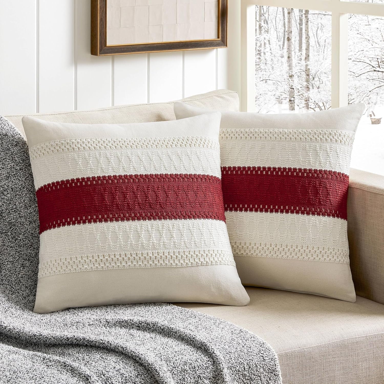 COOKCOK 2 Packs Cotton Boho Christmas Pillow Covers 18x18 Inch Contrast Beige, Soft Farmhouse Decorative Couch Pillow Cases Beige Cushion Covers for Sofa Bed Living Room Home Decor