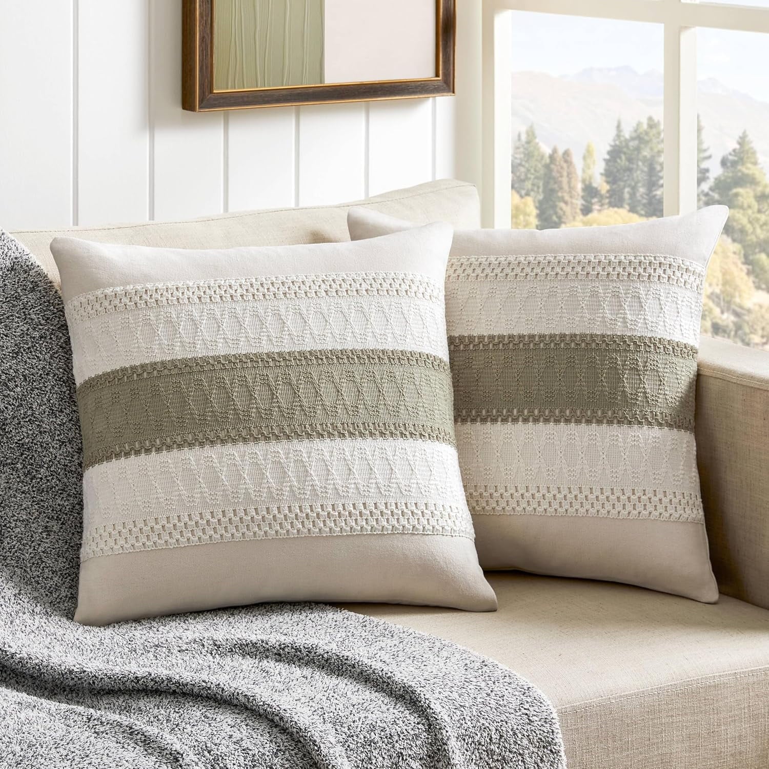 COOKCOK 2 Packs Cotton Boho Christmas Pillow Covers 18x18 Inch Contrast Beige, Soft Farmhouse Decorative Couch Pillow Cases Beige Cushion Covers for Sofa Bed Living Room Home Decor