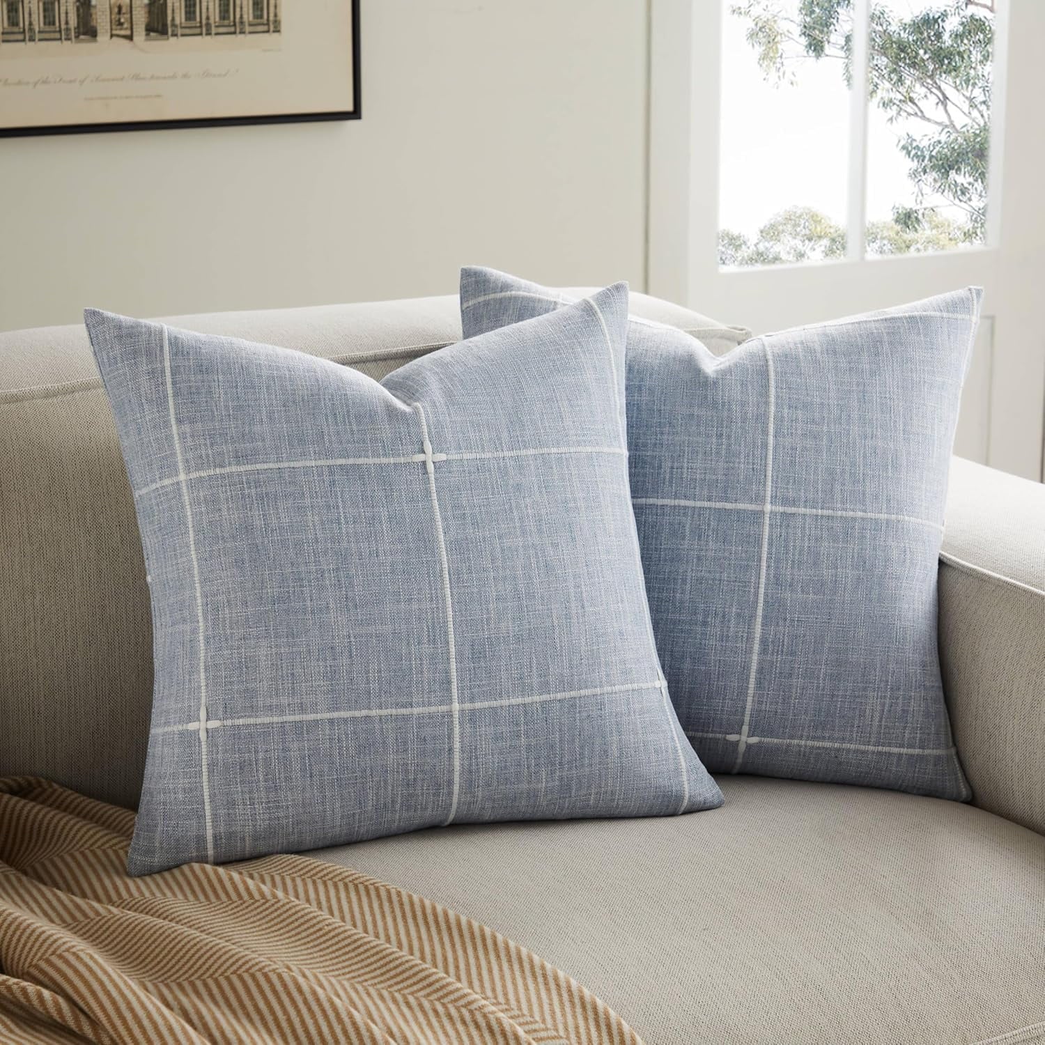 COOKCOK 2 Packs Grid Embroidery Throw Pillow Covers, 18x18 Inch Taupe, Farmhouse Cotton Linen Decorative Light Brown Cushion Covers for Sofa Bed Living Room Home Decor