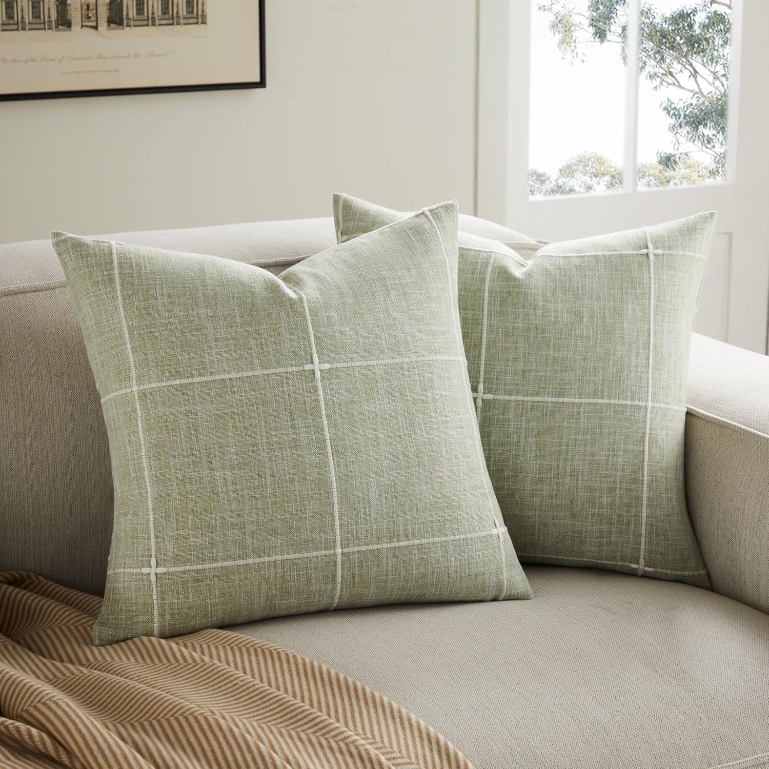 COOKCOK 2 Packs Grid Embroidery Throw Pillow Covers, 18x18 Inch Taupe, Farmhouse Cotton Linen Decorative Light Brown Cushion Covers for Sofa Bed Living Room Home Decor
