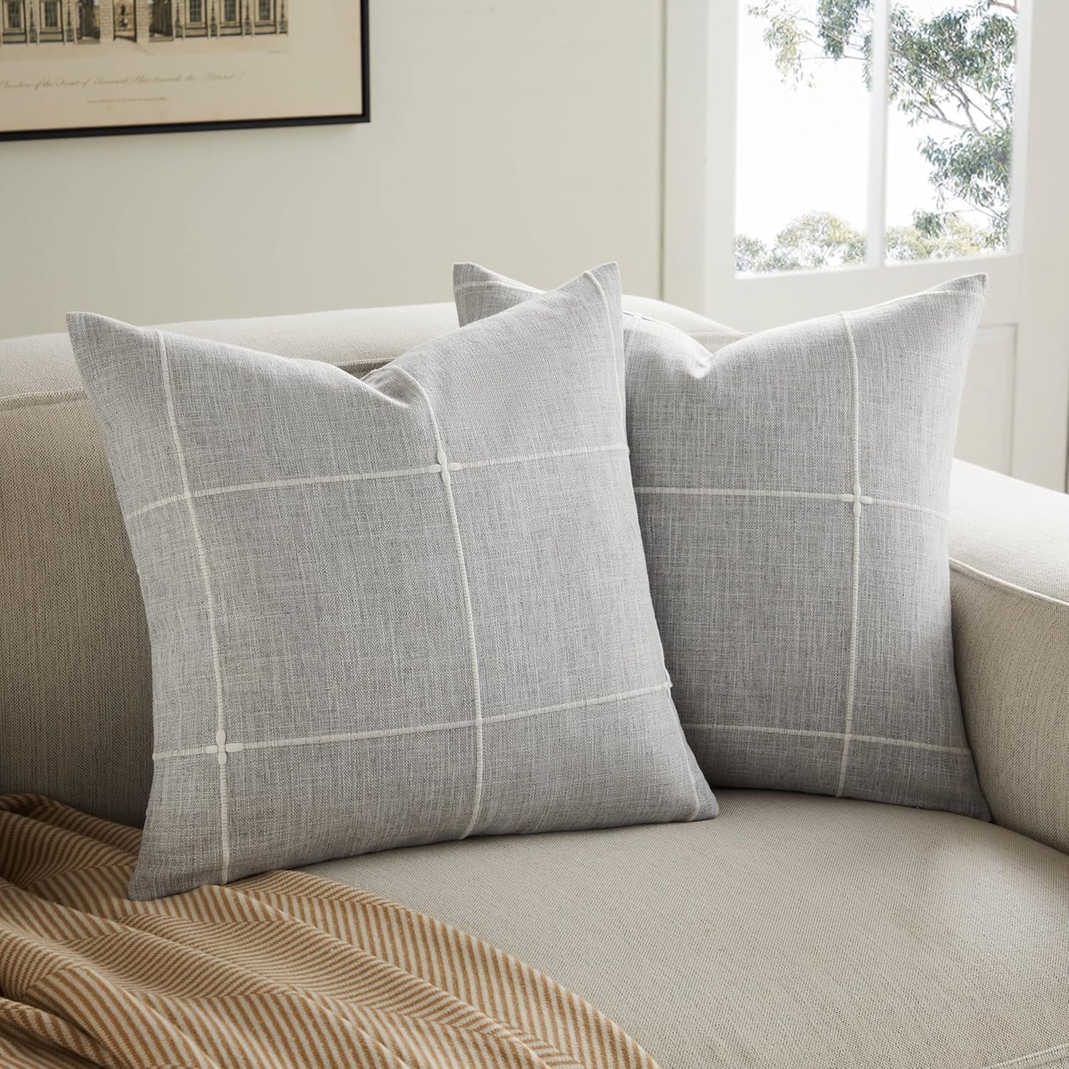 COOKCOK 2 Packs Grid Embroidery Throw Pillow Covers, 18x18 Inch Taupe, Farmhouse Cotton Linen Decorative Light Brown Cushion Covers for Sofa Bed Living Room Home Decor