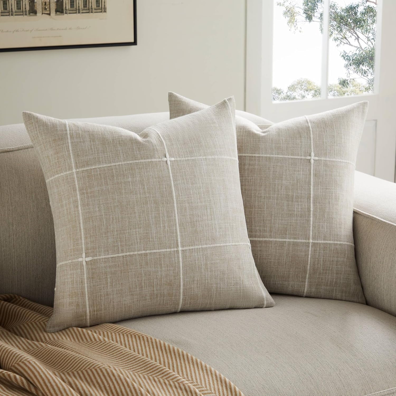 COOKCOK 2 Packs Grid Embroidery Throw Pillow Covers, 18x18 Inch Taupe, Farmhouse Cotton Linen Decorative Light Brown Cushion Covers for Sofa Bed Living Room Home Decor