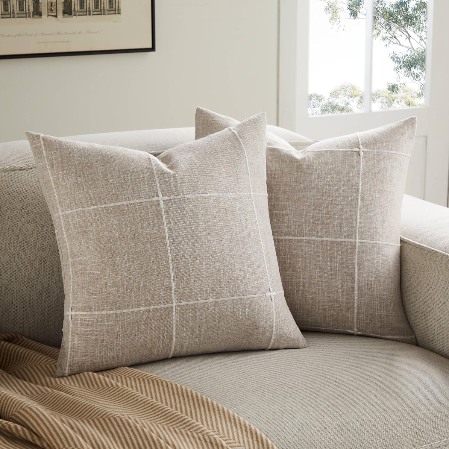 COOKCOK 2 Packs Grid Embroidery Throw Pillow Covers, 18x18 Inch Taupe, Farmhouse Cotton Linen Decorative Light Brown Cushion Covers for Sofa Bed Living Room Home Decor