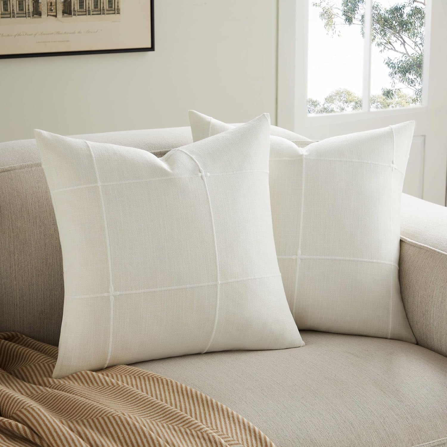COOKCOK 2 Packs Grid Embroidery Throw Pillow Covers, 18x18 Inch Taupe, Farmhouse Cotton Linen Decorative Light Brown Cushion Covers for Sofa Bed Living Room Home Decor