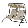 COOKCOK  2-Seat Porch Swing with Stand, Outdoor Swing Glider with Removable Canopy and Cup Holders for Porch, Garden, Backyard, 480 lbs Capacity, Beige