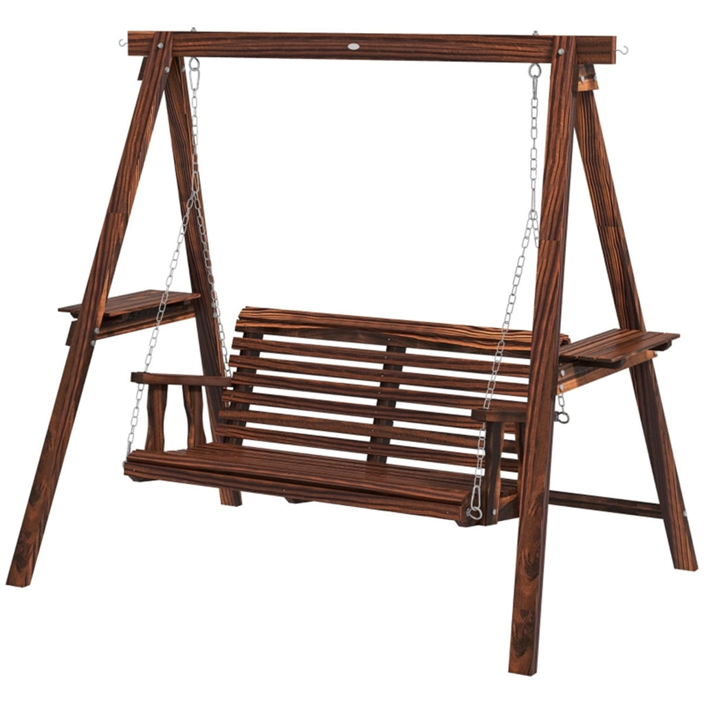 COOKCOK  2-Seat Porch Swing with Stand,  528 lbs Capacity Wooden Patio Swing Chair with Stand and Side Tables for Garden, Poolside & Backyard, Brown