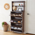 COOKCOK 3-Tier Flip Drawer Shoe Cabinets, Hat Coat Rack with Shoe Storage, Entryway Bedroom Armoire, Shoe Cabinet with Open Storage, Brown