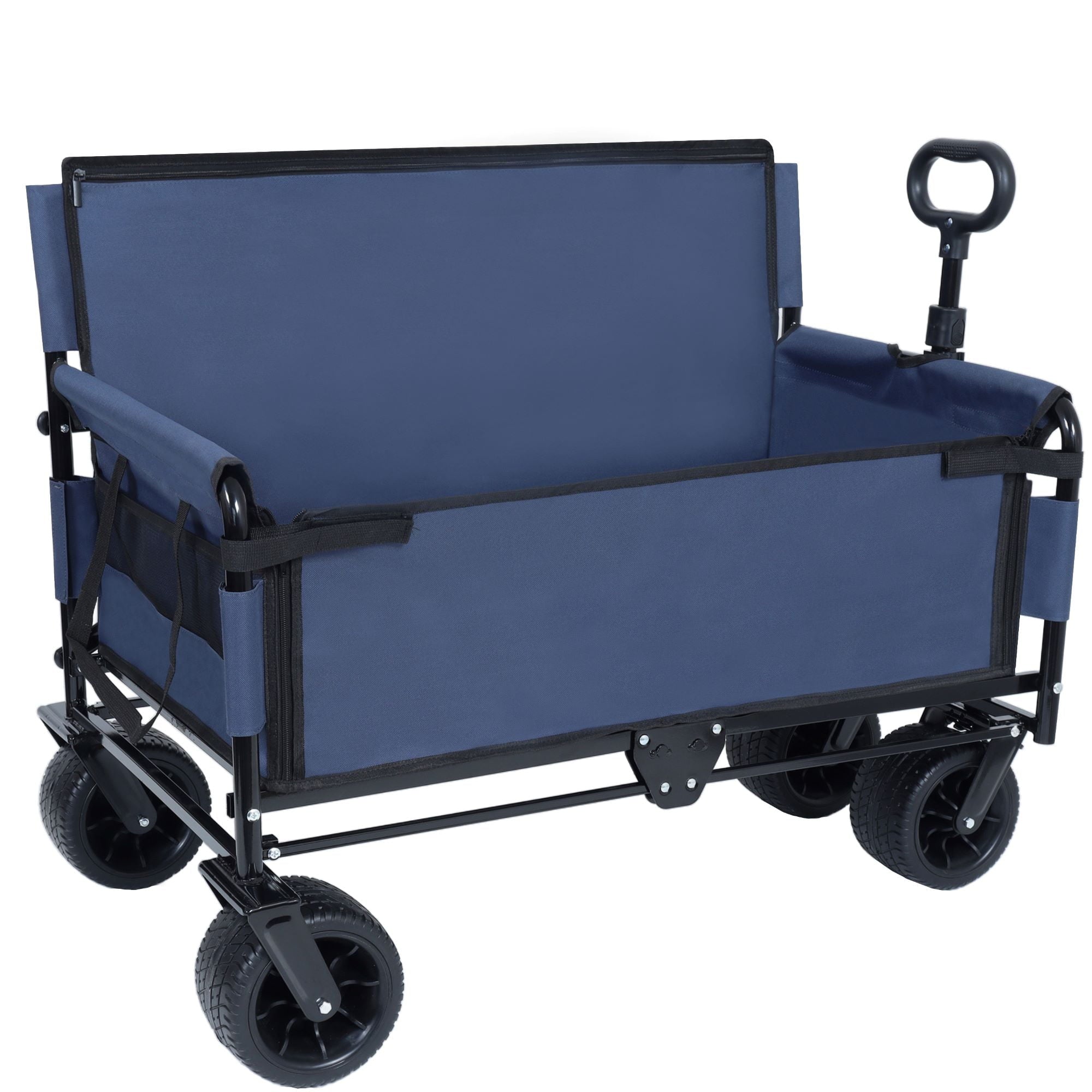 COOKCOK 3-in-1 Convertible Folding Wagon Cart with Bench Seat, 500lbs Heavy Duty Utility Wagon with Adjustable Handle, 180L Capacity All-Terrain Wheels for Camping, Beach, Garden, Dark Blue