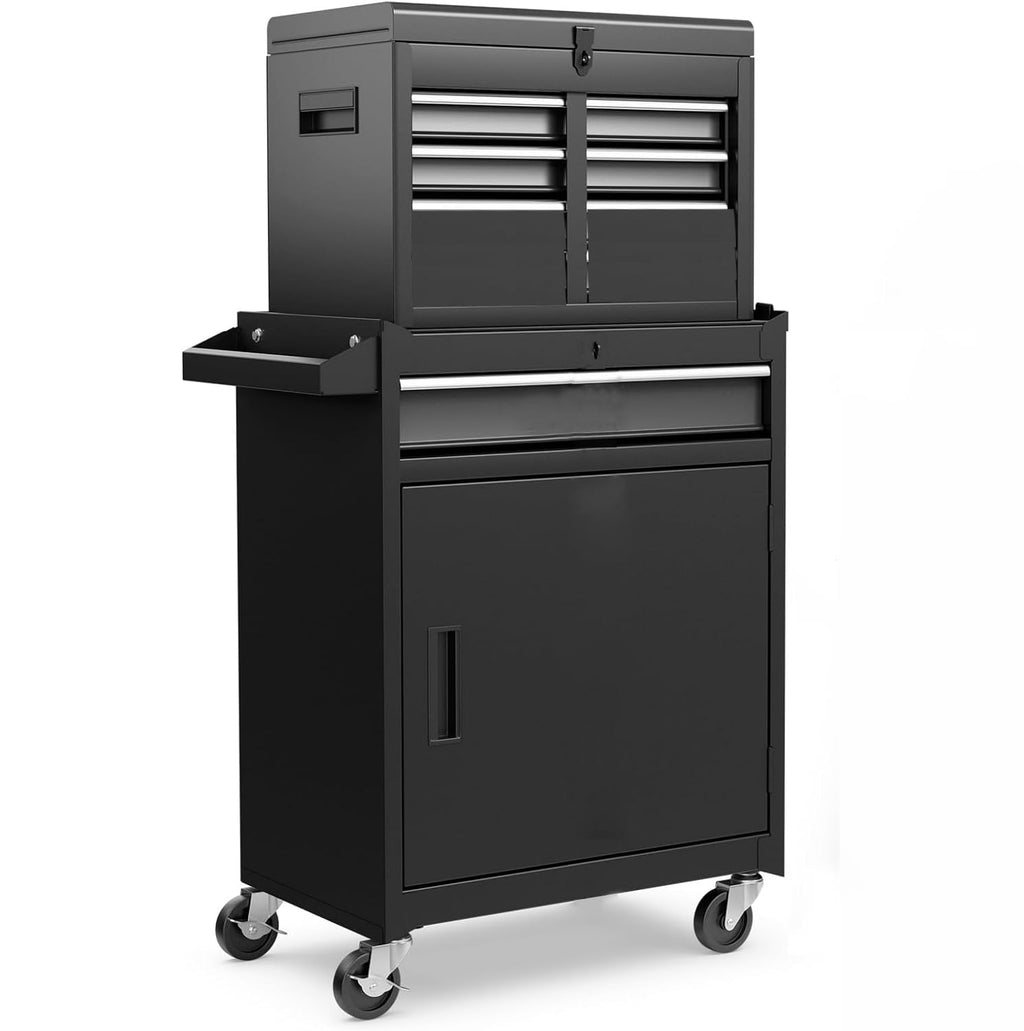 COOKCOK 4-Drawer Rolling Tool Chest, Tool Storage Cabinet w/Drawers, Wheels, Detachable Top & Adjustable Shelf, Mechanic Tool Organizer Box for Garage, Workshop, Warehouse & Repair Shop, Black