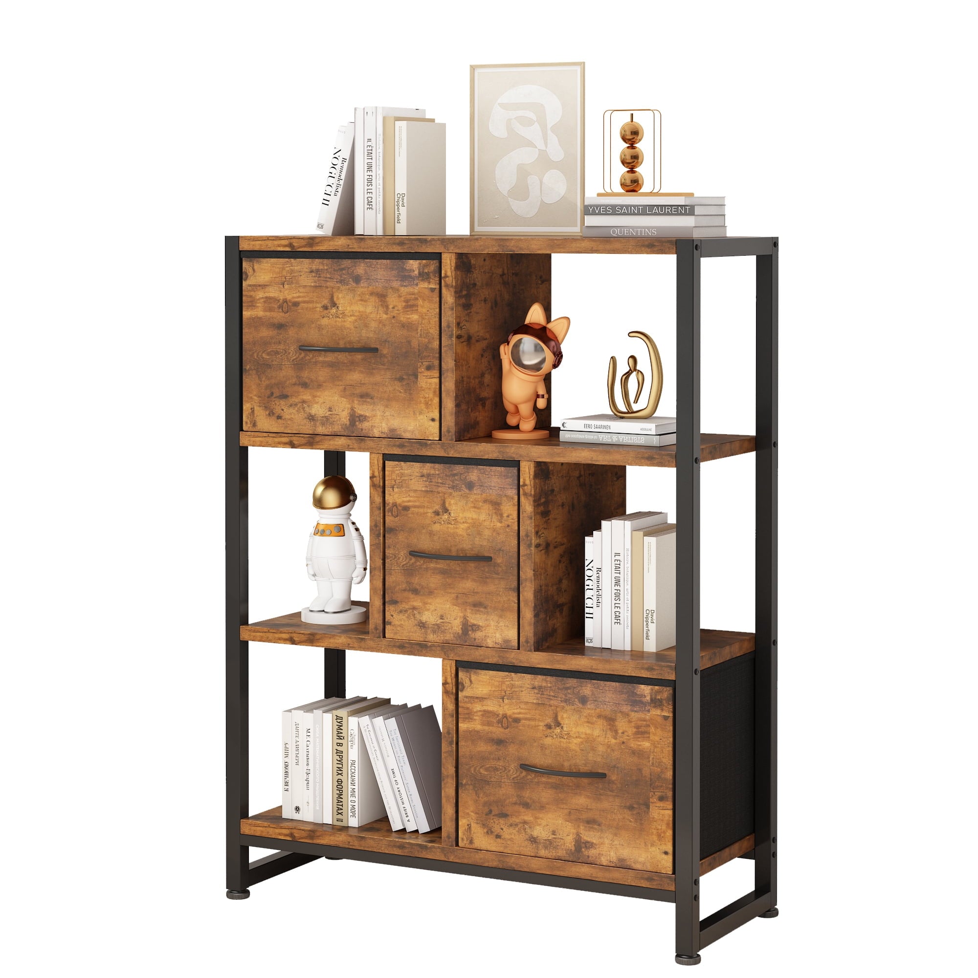 COOKCOK  4 Tier Bookshelf, 40.5'' Tall Bookcase with 3 Non-Woven Fabric Storage Drawers, Industrial Display Standing Shelf Unit in Iron Frame & Solid Wood for Bedroom, Living Room, Entryway, Brown