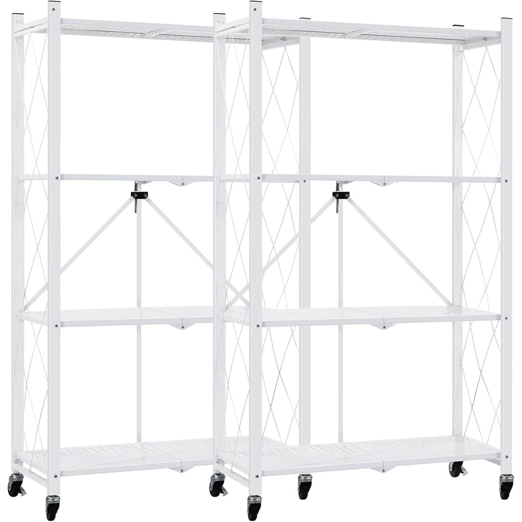 COOKCOK 4-Tier Storage Shelves, Foldable Shelving Units with Wheels, 27.9"x13.4"x 47.8", Freestanding Wire Shelf Rack with Hooks, No Assembly Organizer Rack for Garage Kitchen, White (Pack of 2)