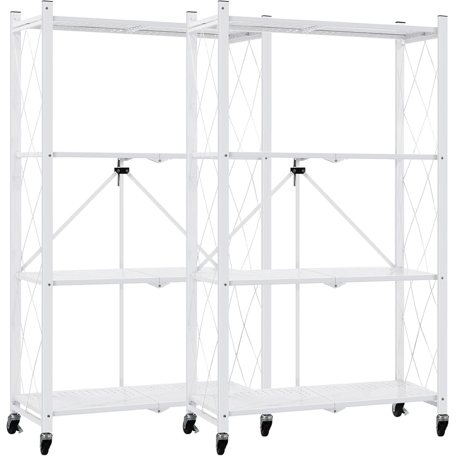 COOKCOK 4-Tier Storage Shelves, Foldable Shelving Units with Wheels, 27.9"x13.4"x 47.8", Freestanding Wire Shelf Rack with Hooks, No Assembly Organizer Rack for Garage Kitchen, White (Pack of 2)