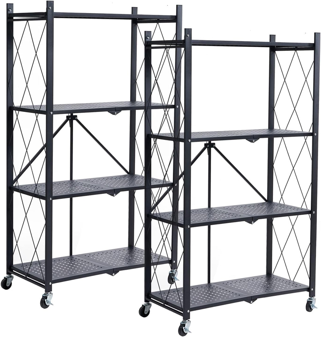 COOKCOK 4-Tier Storage Shelves, Foldable Shelving Units with Wheels, 27.9"x13.4"x 47.8", Freestanding Wire Shelf Rack with Hooks, No Assembly Organizer Rack for Garage Kitchen, Black (Pack of 2)