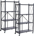 COOKCOK 4-Tier Storage Shelves, Foldable Shelving Units with Wheels, 27.9"x13.4"x 47.8", Freestanding Wire Shelf Rack with Hooks, No Assembly Organizer Rack for Garage Kitchen, Black (Pack of 2)
