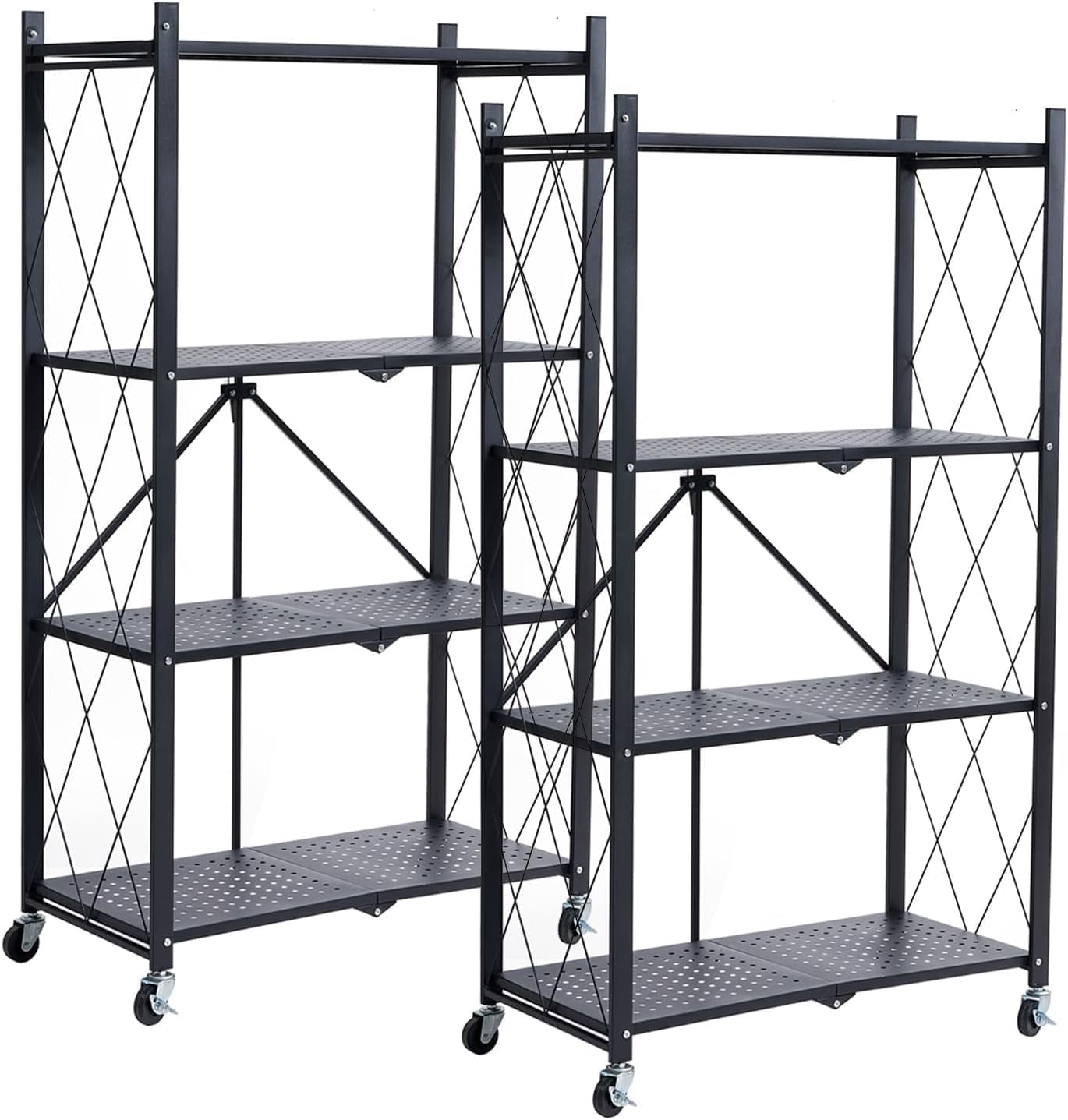 COOKCOK 4-Tier Storage Shelves, Foldable Shelving Units with Wheels, 27.9"x13.4"x 47.8", Freestanding Wire Shelf Rack with Hooks, No Assembly Organizer Rack for Garage Kitchen, Black (Pack of 2)