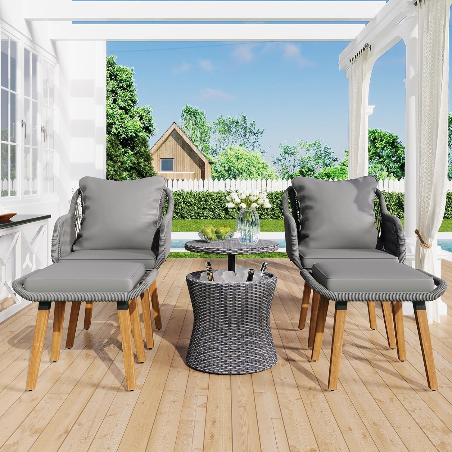 COOKCOK 5 Pieces Patio Furniture Chair Sets, Balcony Furniture Sets with Wicker Cool Bar Table, Wicker Chairs with Ottomans, Outdoor Chairs Set for Backyard, Balcony, Poolside, Brown