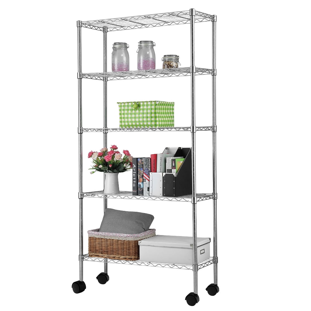 COOKCOK 5-Tier Rolling Wire Shelving with Wheels, 35" x 13.8" x 65" Heavy Duty Adjustable Metal Storage Shelf, 330 lbs Capacity, Silver