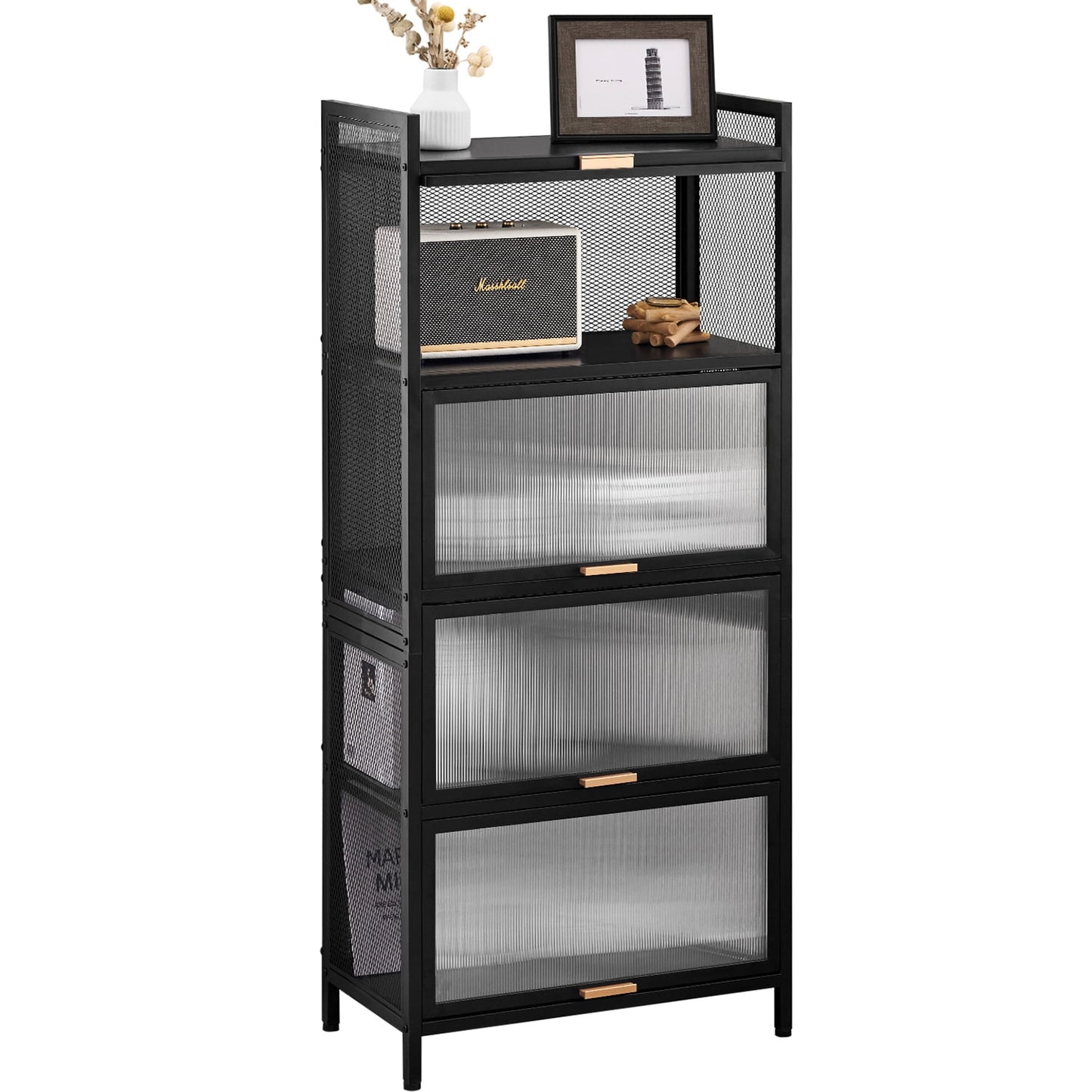 COOKCOK 5-Tier Storage Shelf, Kitchen Storage Cabinet with Flip-up PC Doors, Mobile Microwave Stand, Freestanding Kitchen Bakers Rack with 4 Rolling Casters, 23.62"x12.59"x55.51", Black