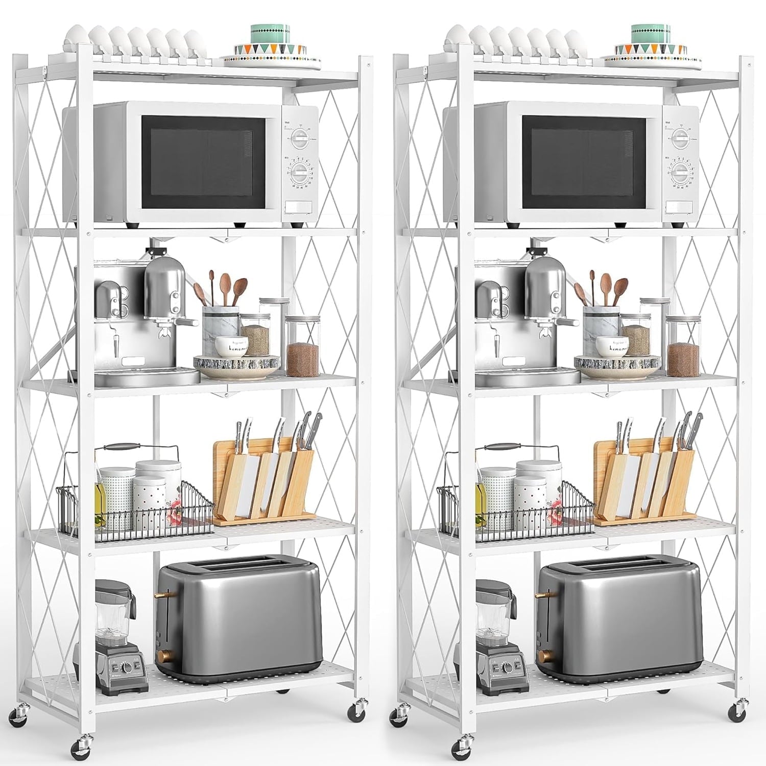 COOKCOK 4-Tier Storage Shelves, Foldable Shelving Units with Wheels, 27.9"x13.4"x 47.8", Freestanding Wire Shelf Rack with Hooks, No Assembly Organizer Rack for Garage Kitchen, White (Pack of 2)