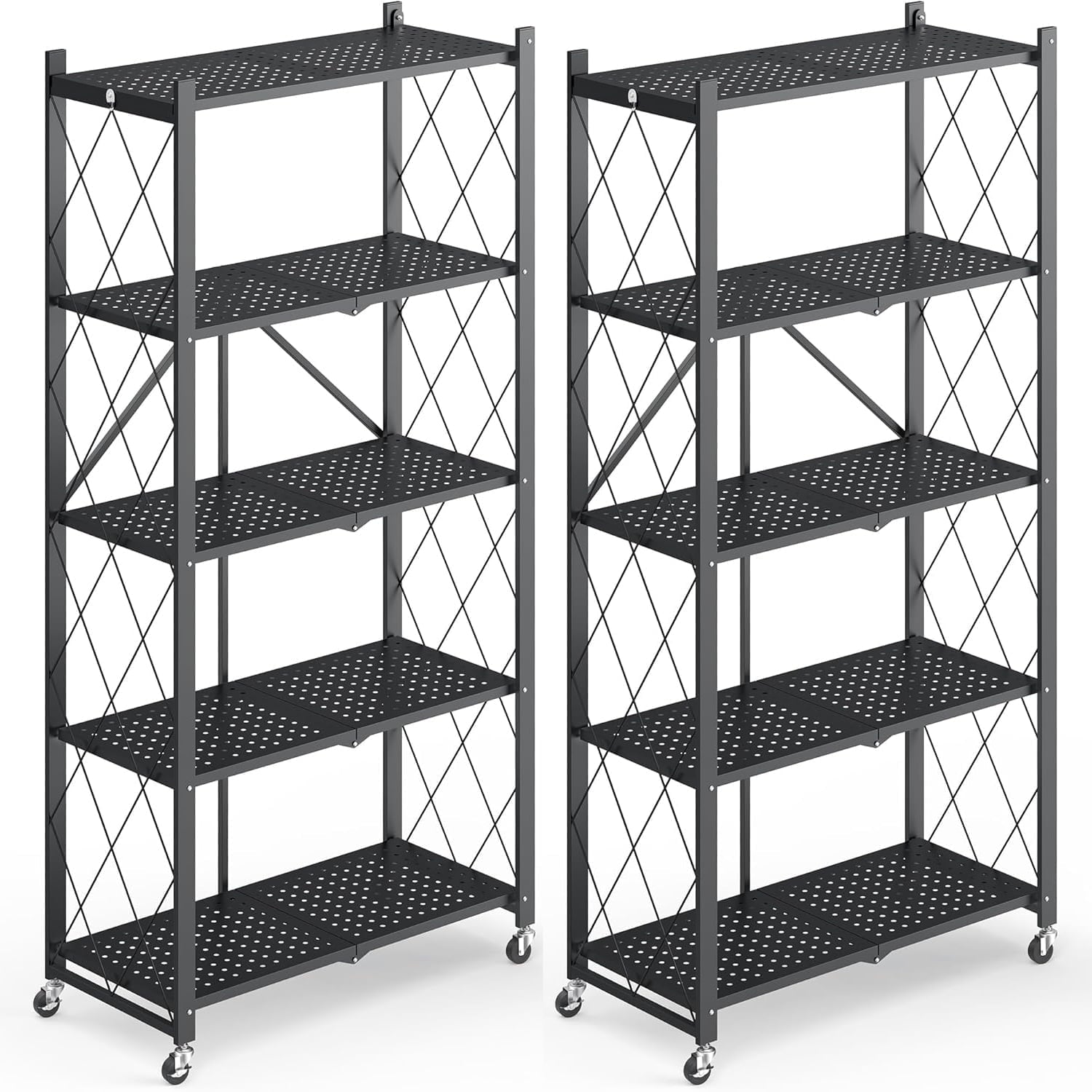 COOKCOK 4-Tier Storage Shelves, Foldable Shelving Units with Wheels, 27.9"x13.4"x 47.8", Freestanding Wire Shelf Rack with Hooks, No Assembly Organizer Rack for Garage Kitchen, White (Pack of 2)