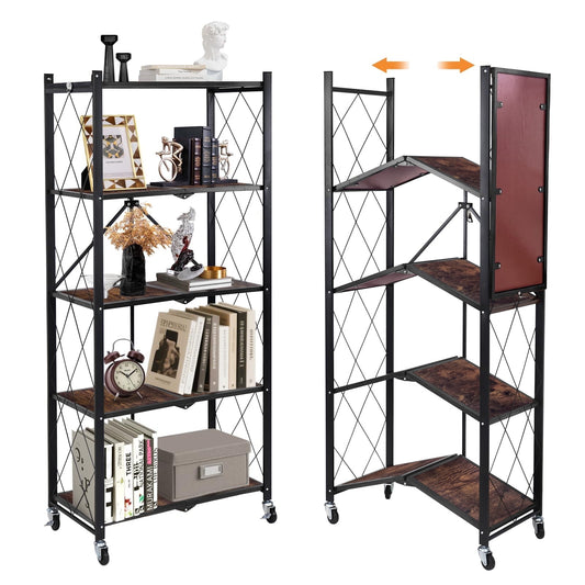 COOKCOK 5-Tier Storage Shelving Unit, Folding Bookshelf, Metal Shelf 27.9"x13.4"x62.5, Foldable Storage Shelf with Wheels, Garage Shelf, Kitchen Shelf, No Assemble Require, Black