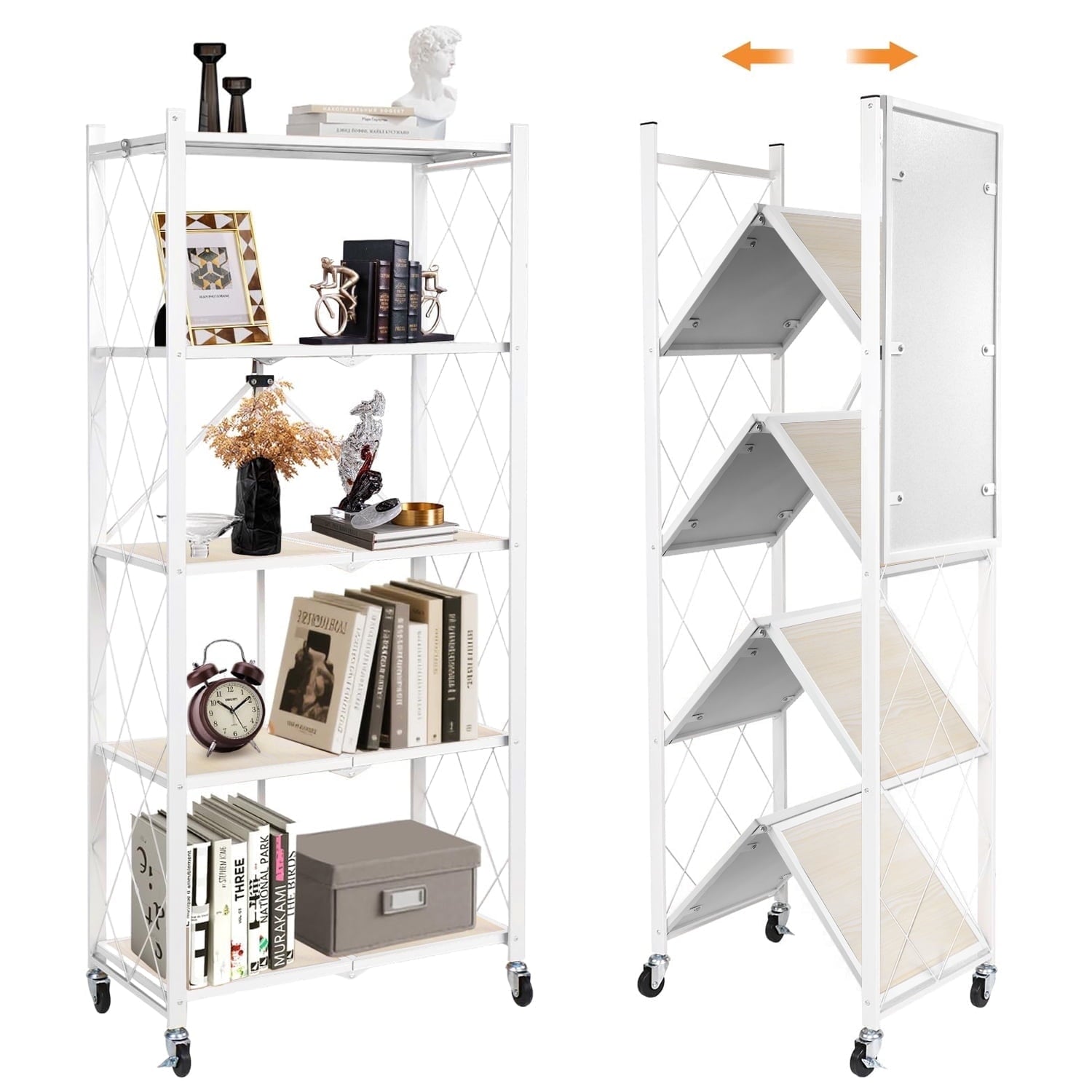 COOKCOK 5-Tier Storage Shelving Unit, Folding Bookshelf, Metal Shelf 27.9"x13.4"x62.5, Foldable Storage Shelf with Wheels, Garage Shelf, Kitchen Shelf, No Assemble Require, White