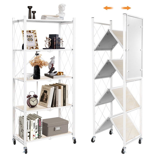 COOKCOK 5-Tier Storage Shelving Unit, Folding Bookshelf, Metal Shelf 27.9"x13.4"x62.5, Foldable Storage Shelf with Wheels, Garage Shelf, Kitchen Shelf, No Assemble Require, White
