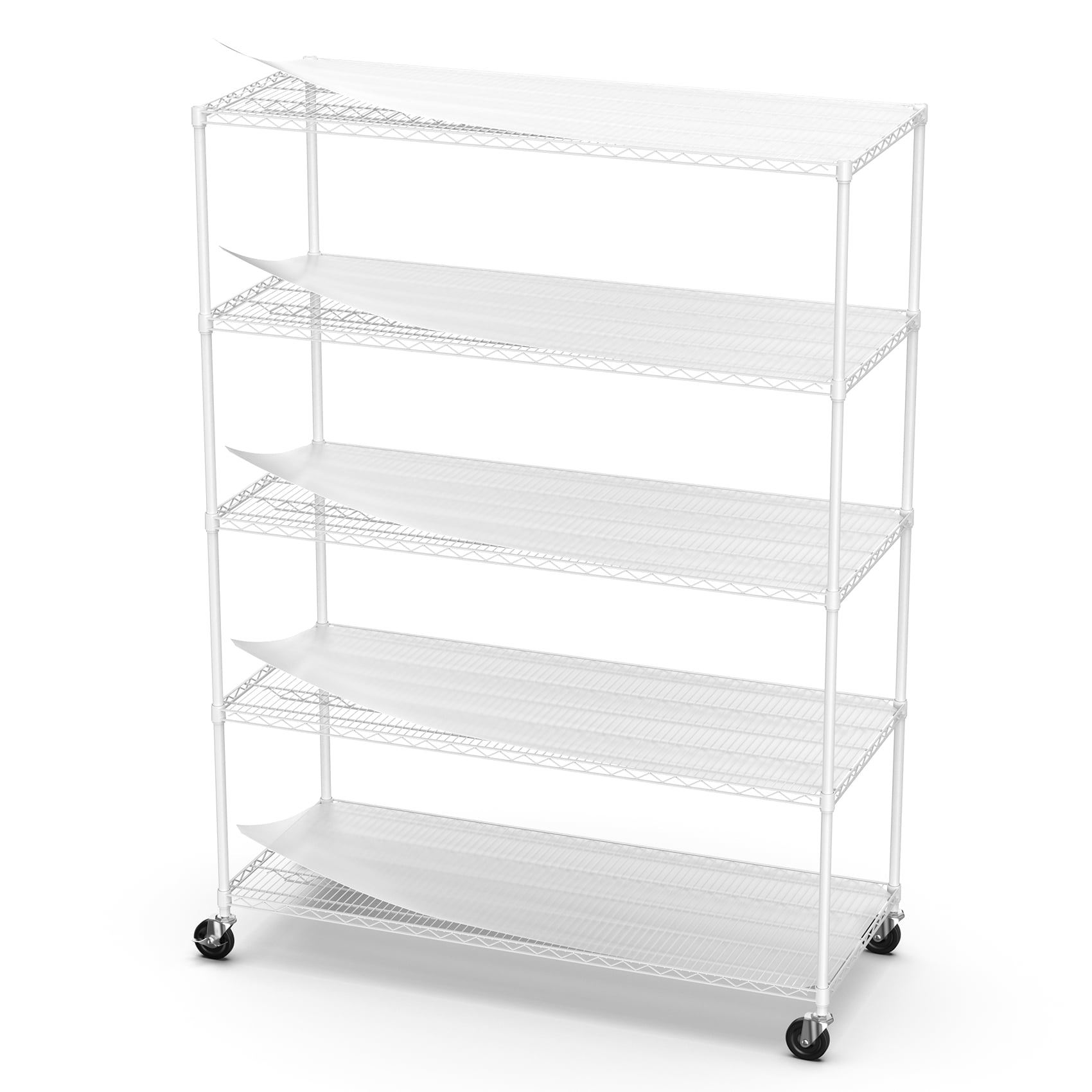 COOKCOK 5-Tier Wire Shelving Unit, 600lbs Heavy Duty Adjustable Metal Storage Shelf with Wheels, 82" H x 60" L x 24" D Garage Shelf with PE Mat, Leveling Feet, NSF Certified, White