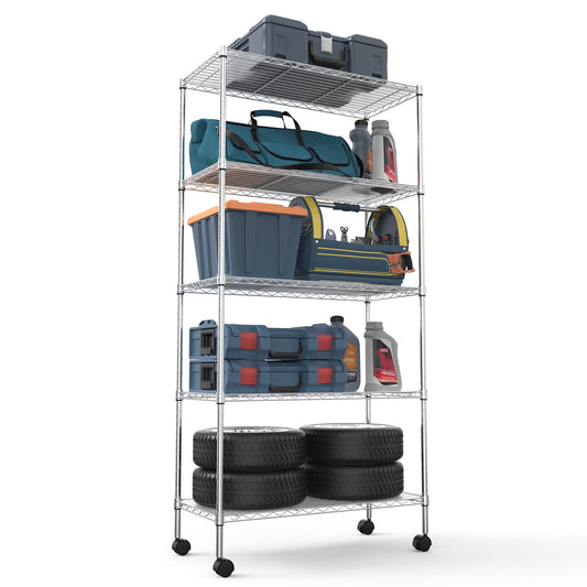 COOKCOK 5-Tier Wire Shelving Unit, Heavy Duty Metal Storage Shelves, 30" x 14" x 60" Height Adjustable Garage Shelf with PE Mat, 220lbs Capacity, NSF Wire Rack with Wheels, Chrome