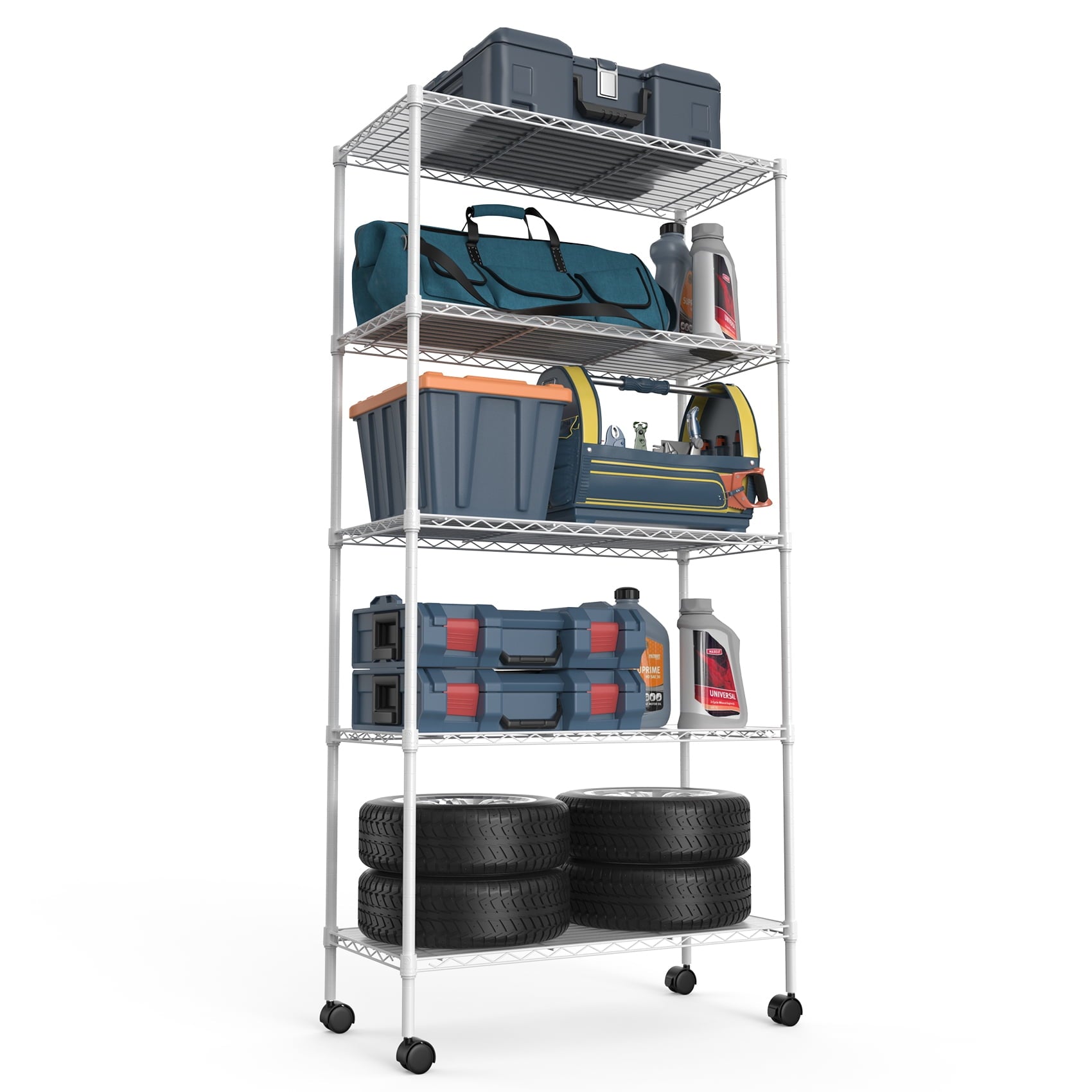 COOKCOK 5-Tier Wire Shelving Unit, Heavy Duty Metal Storage Shelves, 30" x 14" x 60" Height Adjustable Garage Shelf with PE Mat, 220lbs Capacity, NSF Wire Rack with Wheels, Chrome