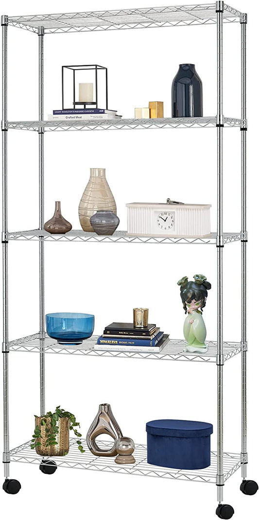 COOKCOK 5-Tier Wire Shelving with Wheels, 35.4"x 13.8"x 65" Heavy Duty Shelf, Height Adjustable Rolling Metal Shelves for Storage,  750lbs Capacity, Silver