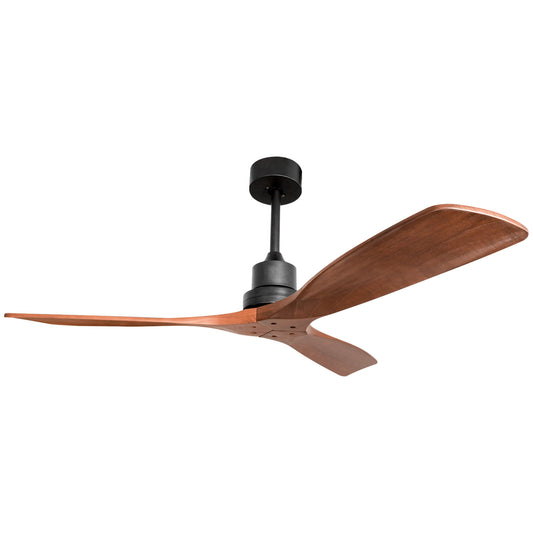 COOKCOK 52" Ceiling Fan, Outdoor Wood Ceiling Fan with Remote, 3 Carved Wood Fan Blade, Reversible Motor, Brown