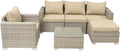 COOKCOK 6-Piece Patio Wicker Furniture Set,  Sofa Couch Conversation Set with Ottoman & Glass Top Coffee Table for Garden, Beige