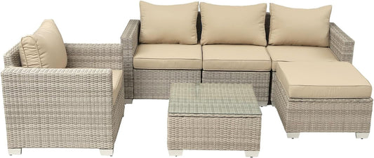 COOKCOK 6-Piece Patio Wicker Furniture Set,  Sofa Couch Conversation Set with Ottoman & Glass Top Coffee Table for Garden, Beige