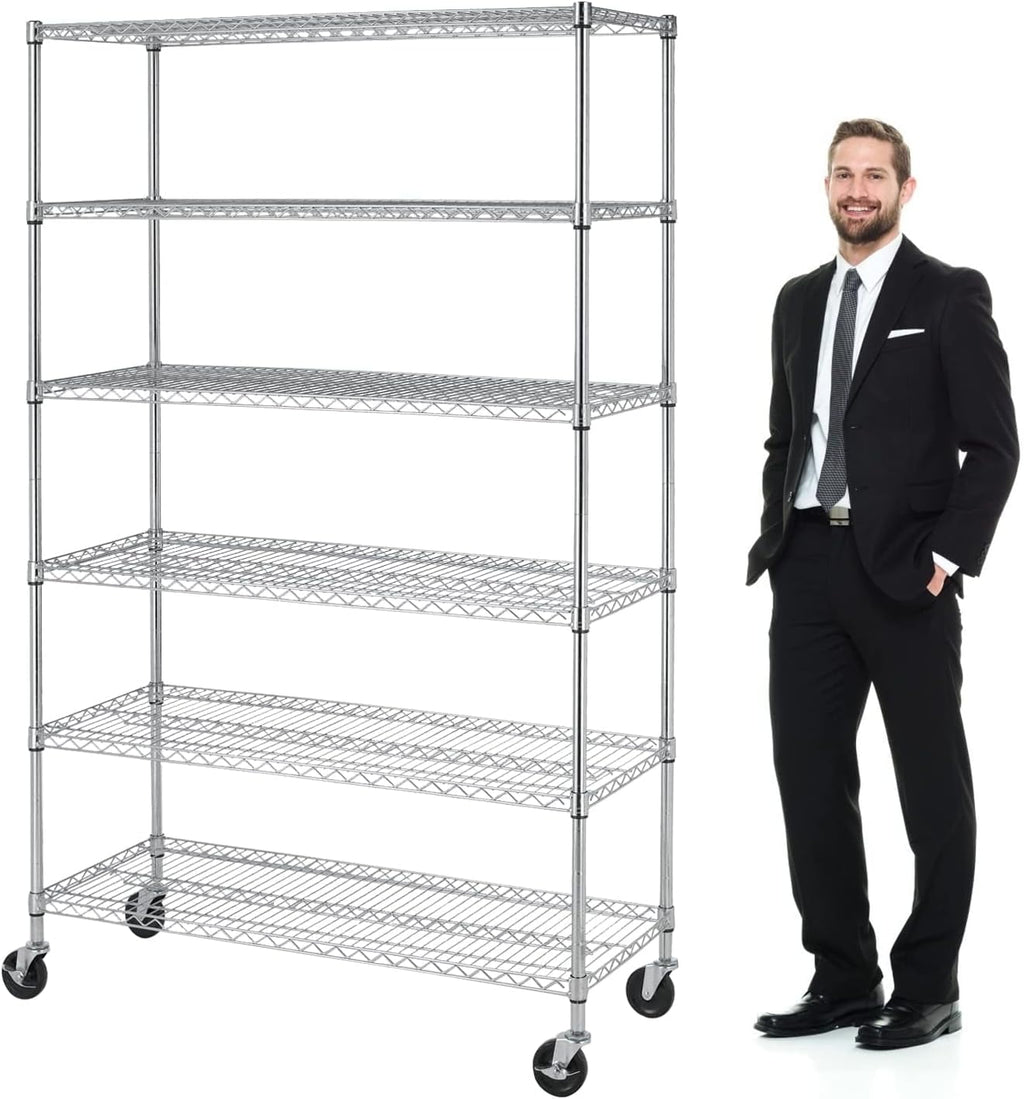 COOKCOK 6-Shelf Wire Shelving Unit, 46.06" x 17.71" x 81.88" Heavy Duty Steel Wire Rack, Adjustable Storage Shelving Rack with Wheels, Commercial Metal Shelf for Kitchen,Garage, Pantry, Silver